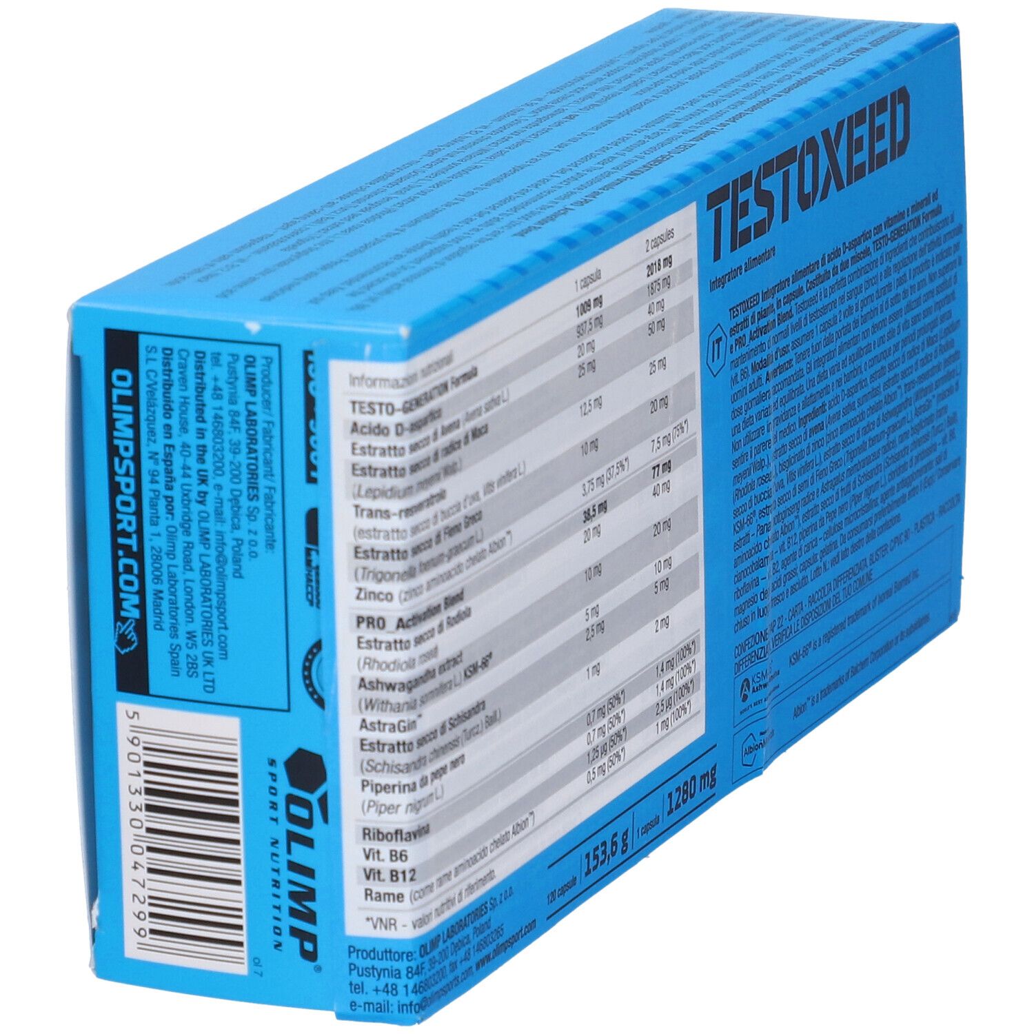 Scatola blu "TESTOXEED". Retro con informazioni nutrizionali. Marchio: Olimp.