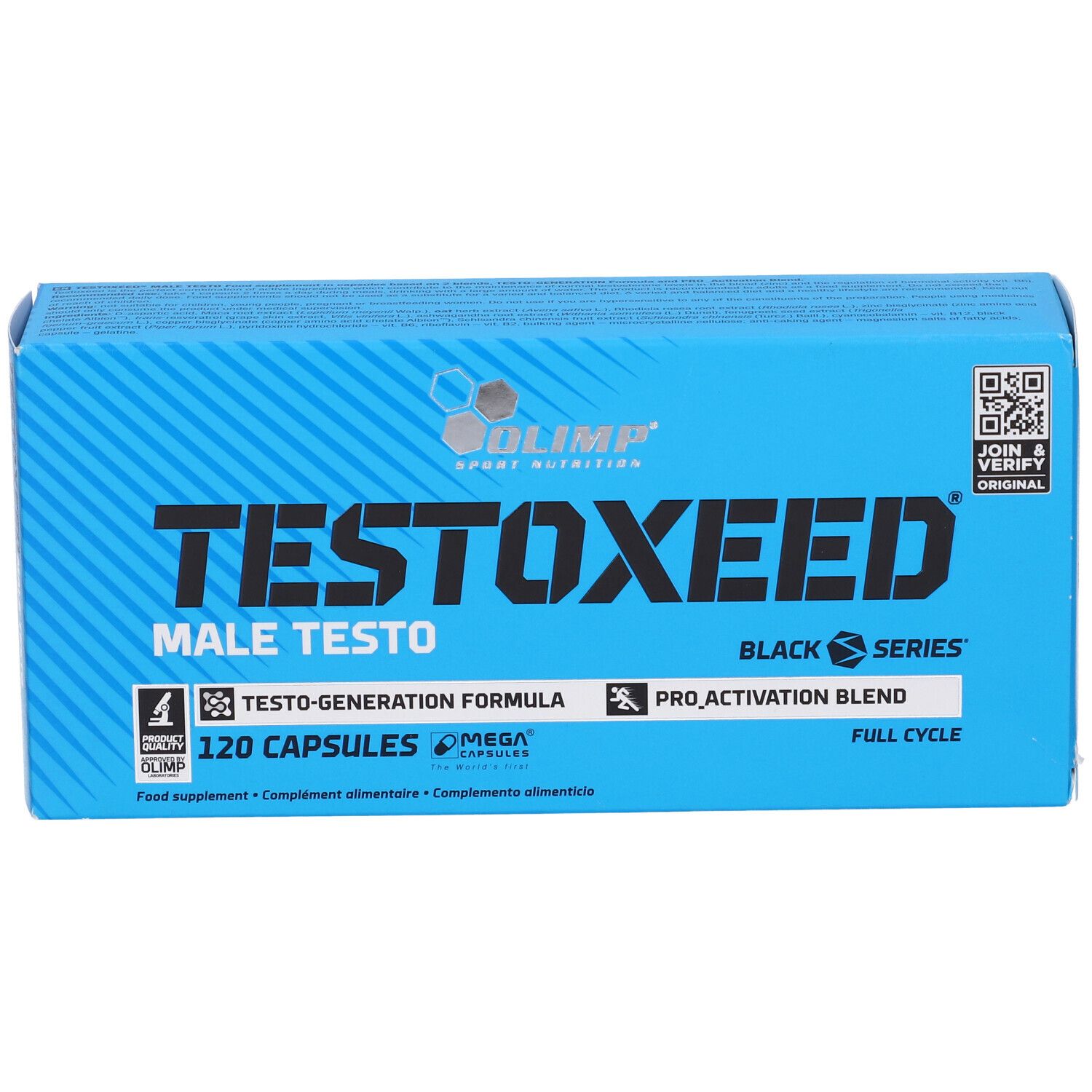 Scatola blu con scritta "TESTOXEED". Contiene 120 capsule. Marchio: Olimp.