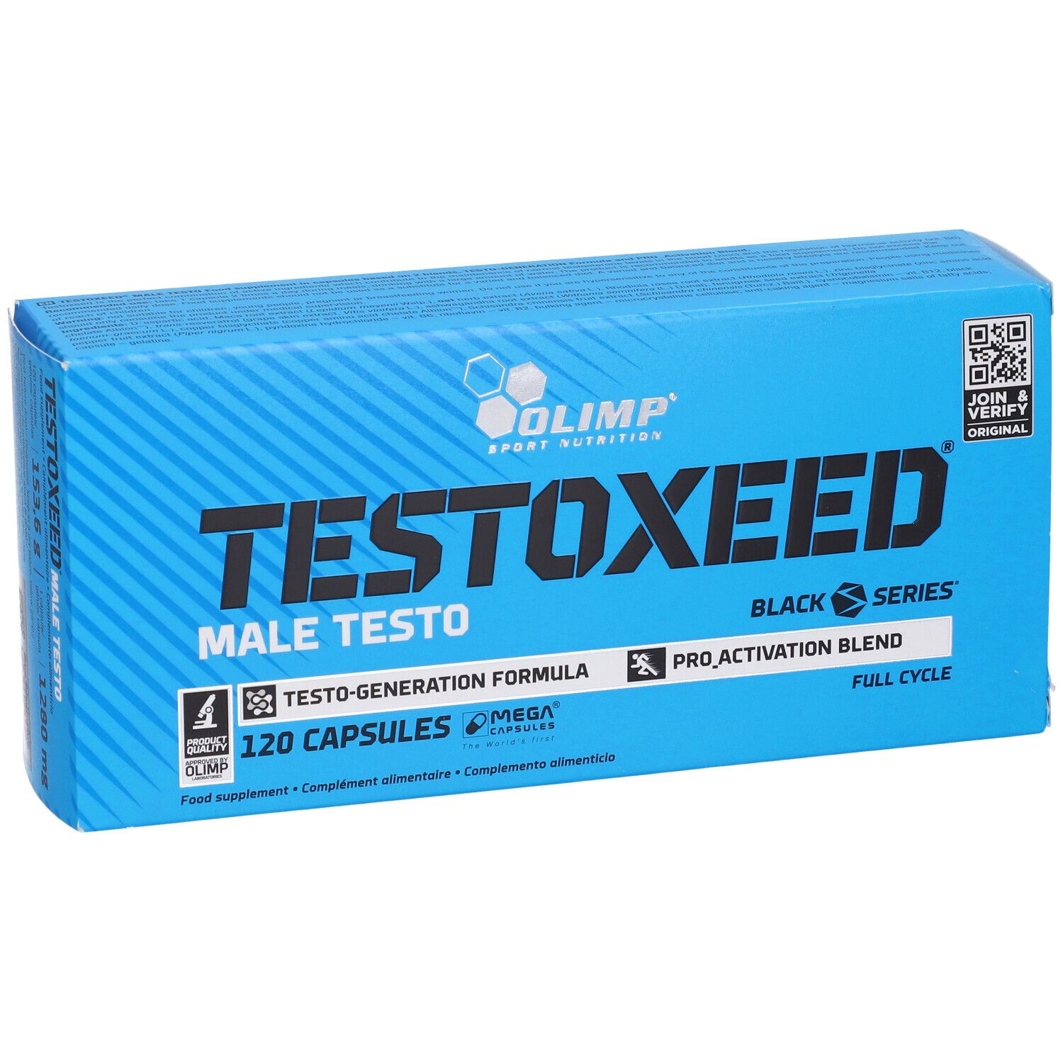 Scatola blu con scritta "TESTOXEED". Contiene 120 capsule. Marchio: Olimp.