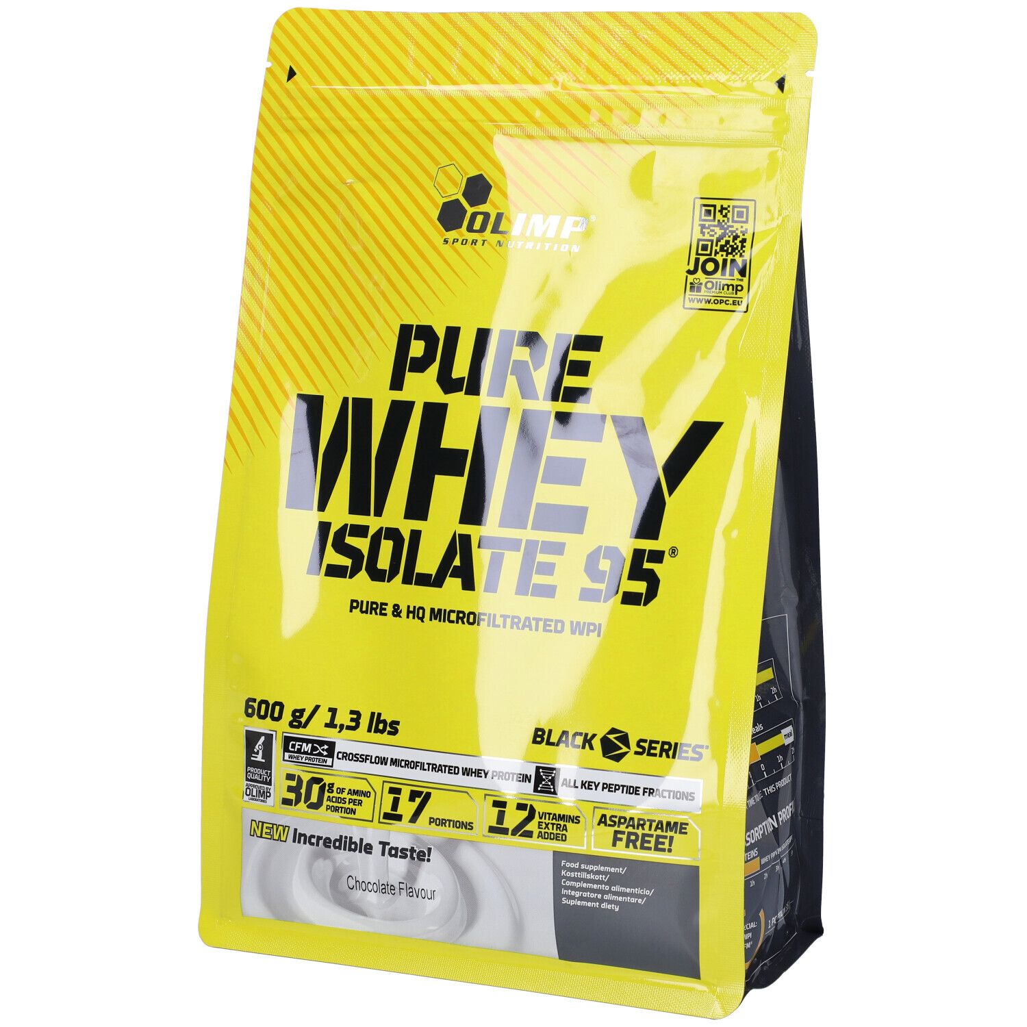 Confezione gialla con 'PURE WHEY ISOLATE 95'. Contiene 600g/1,3 lbs. 'Chocolate Flavour'. Marchio: Olimp.