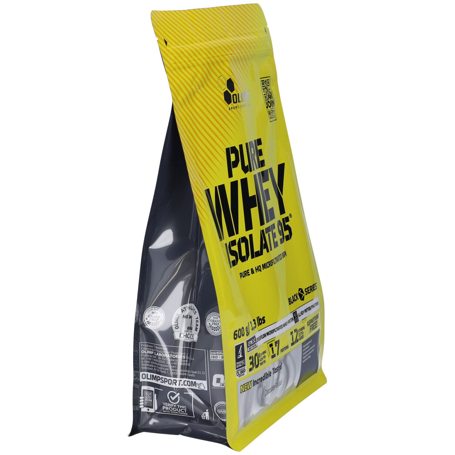 Confezione gialla, 'PURE WHEY ISOLATE 95'. 600g/1,3 lbs. 'Chocolate Flavour'. Marchio: Olimp. Serie nera.