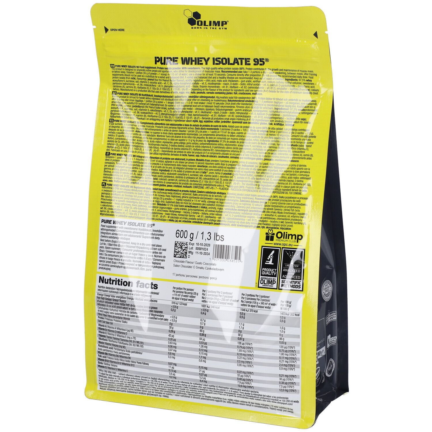 Retro della confezione gialla. 'PURE WHEY ISOLATE 95'. 600g/1,3 lbs. Informazioni nutrizionali. Marchio: Olimp.