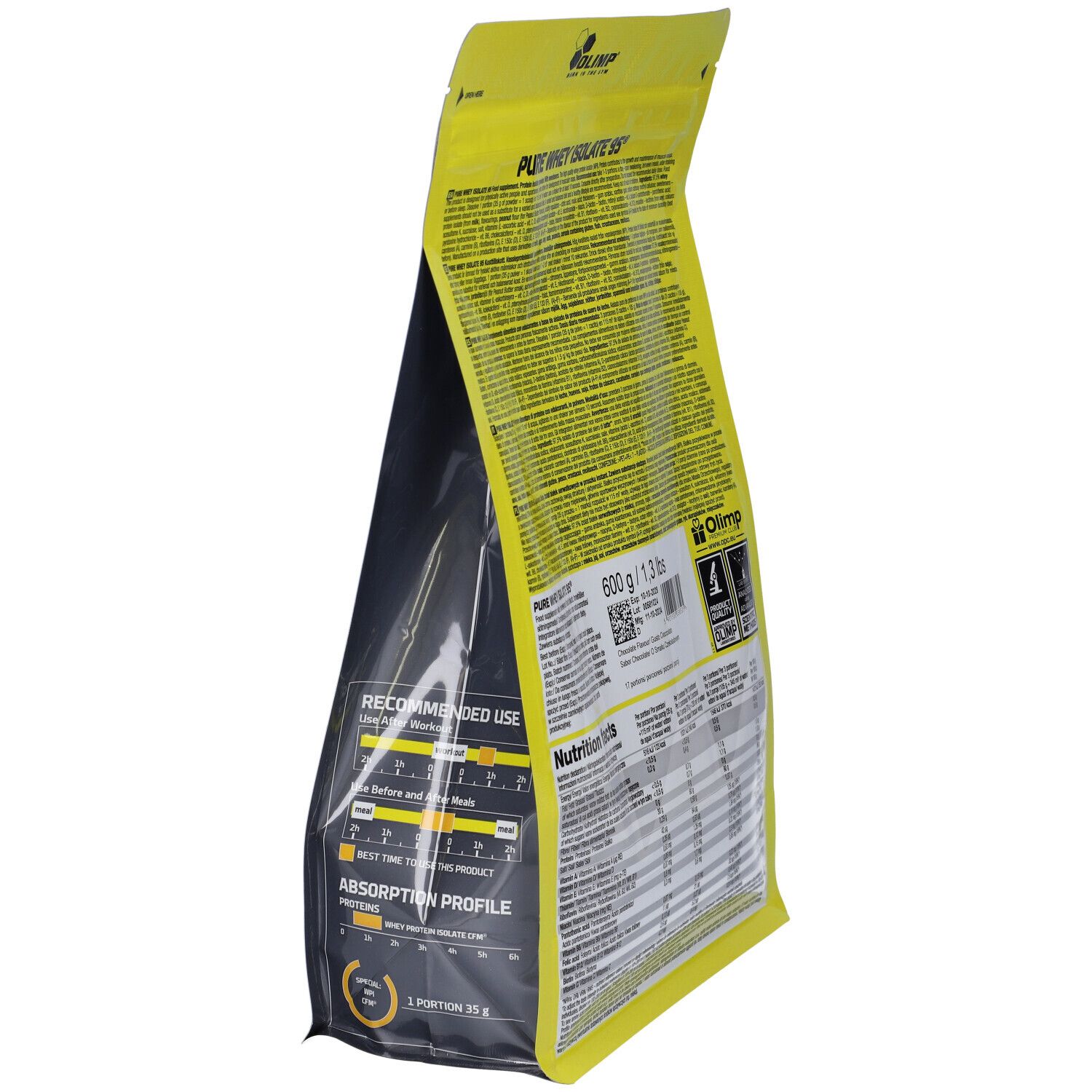 Confezione gialla, 'PURE WHEY ISOLATE 95'. 600g/1,3 lbs. Informazioni nutrizionali. Marchio: Olimp. Uso raccomandato.