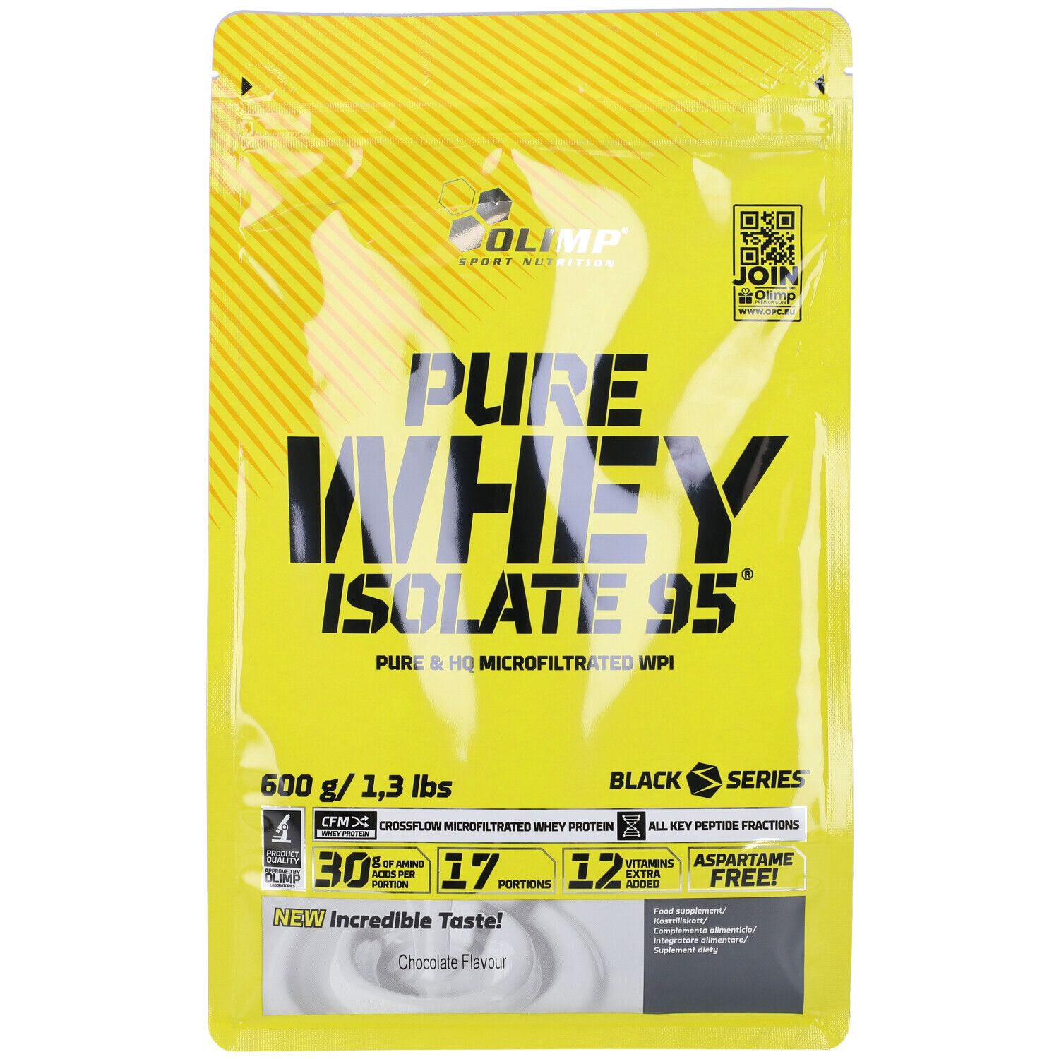 Confezione gialla con 'PURE WHEY ISOLATE 95'. 600g/1,3 lbs. 'Chocolate Flavour'. Marchio: Olimp. Senza aspartame.