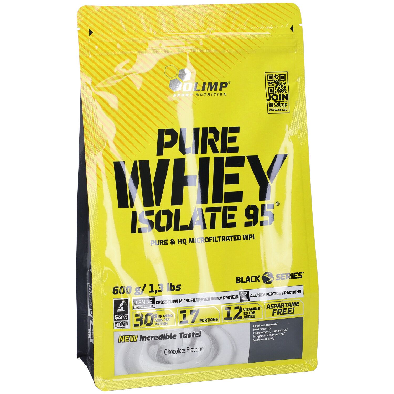 Confezione gialla, 'PURE WHEY ISOLATE 95'. 600g/1,3 lbs. 'Chocolate Flavour'. Marchio: Olimp. Serie nera.