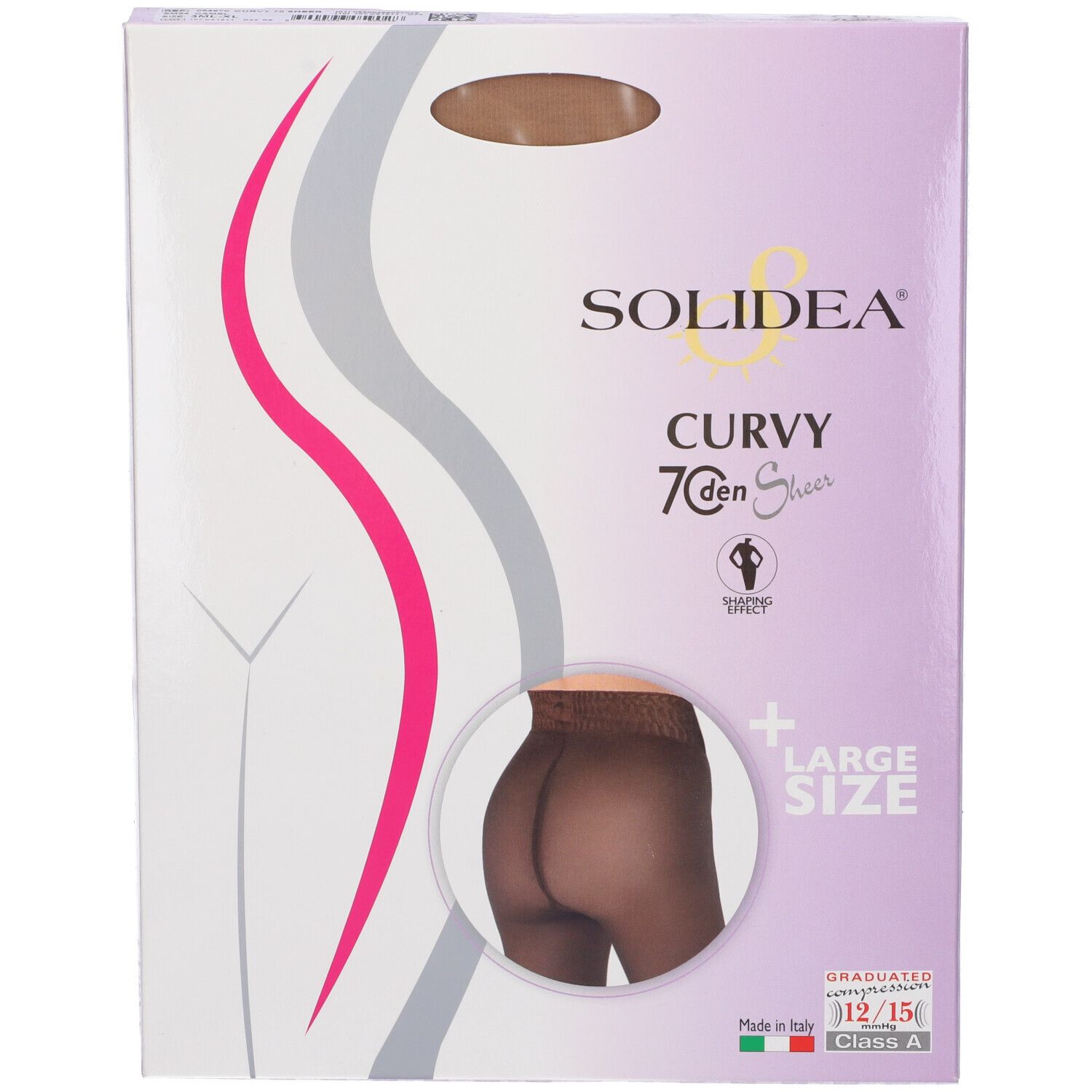 Confezione di collant. Marchio Solidea, modello Curvy 7 den Sheer. Taglia grande. Collant color cammello visibile. Prodotto in Italia.
