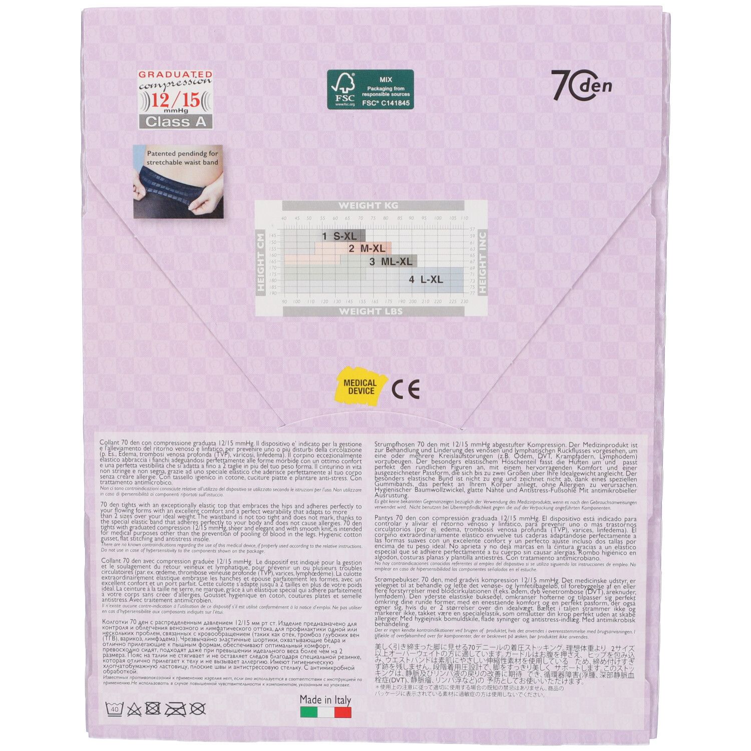 Retro della confezione. Informazioni su taglie, materiali e certificazioni. Dispositivo medico. Prodotto in Italia. 7 den.