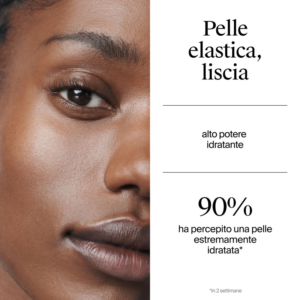 Primo piano di metà viso. Testo: Pelle elastica, liscia. 90% notano pelle idratata.
