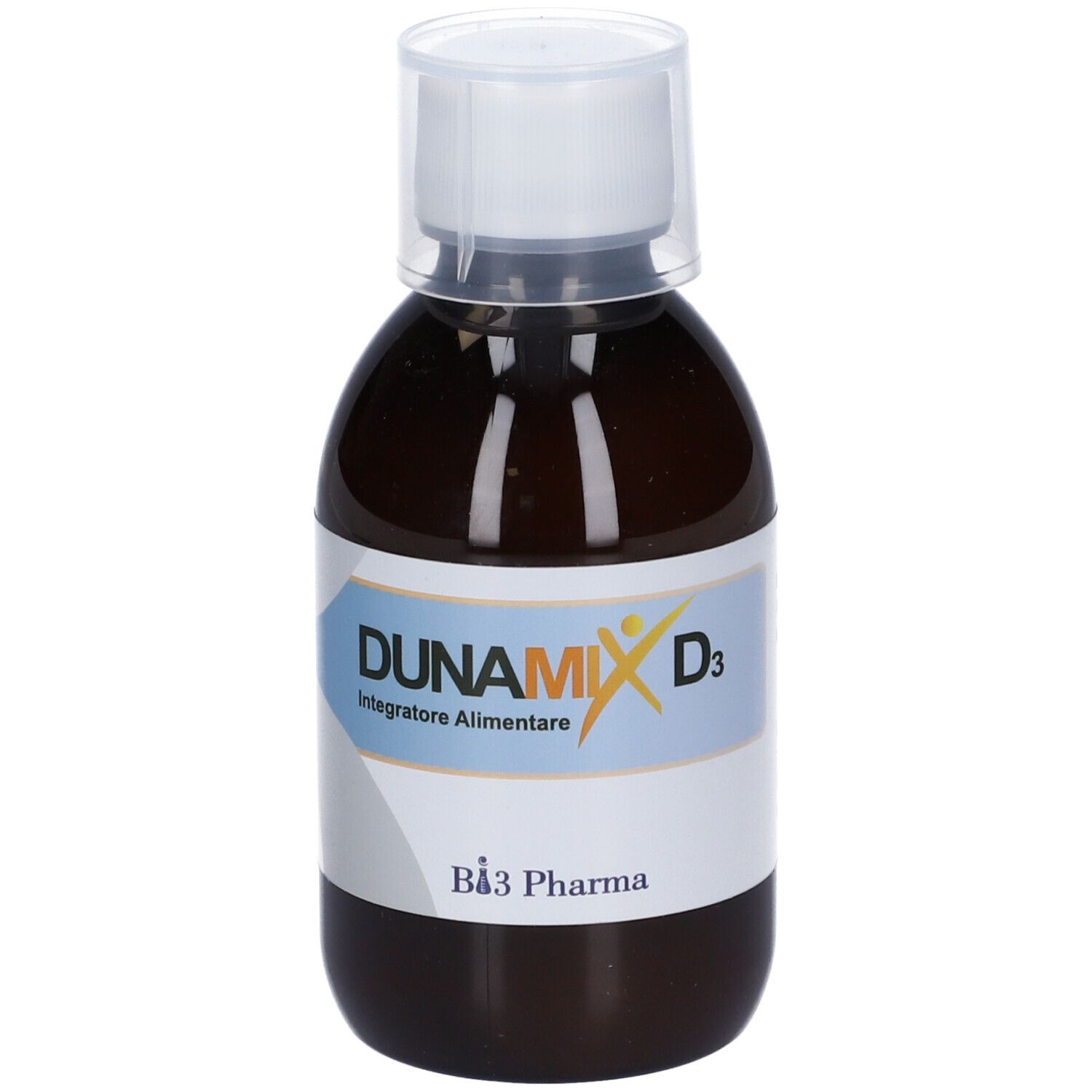 Flacone marrone con tappo bianco. Etichetta DUNAMIX D3, 200 ml e marchio B3 Pharma.