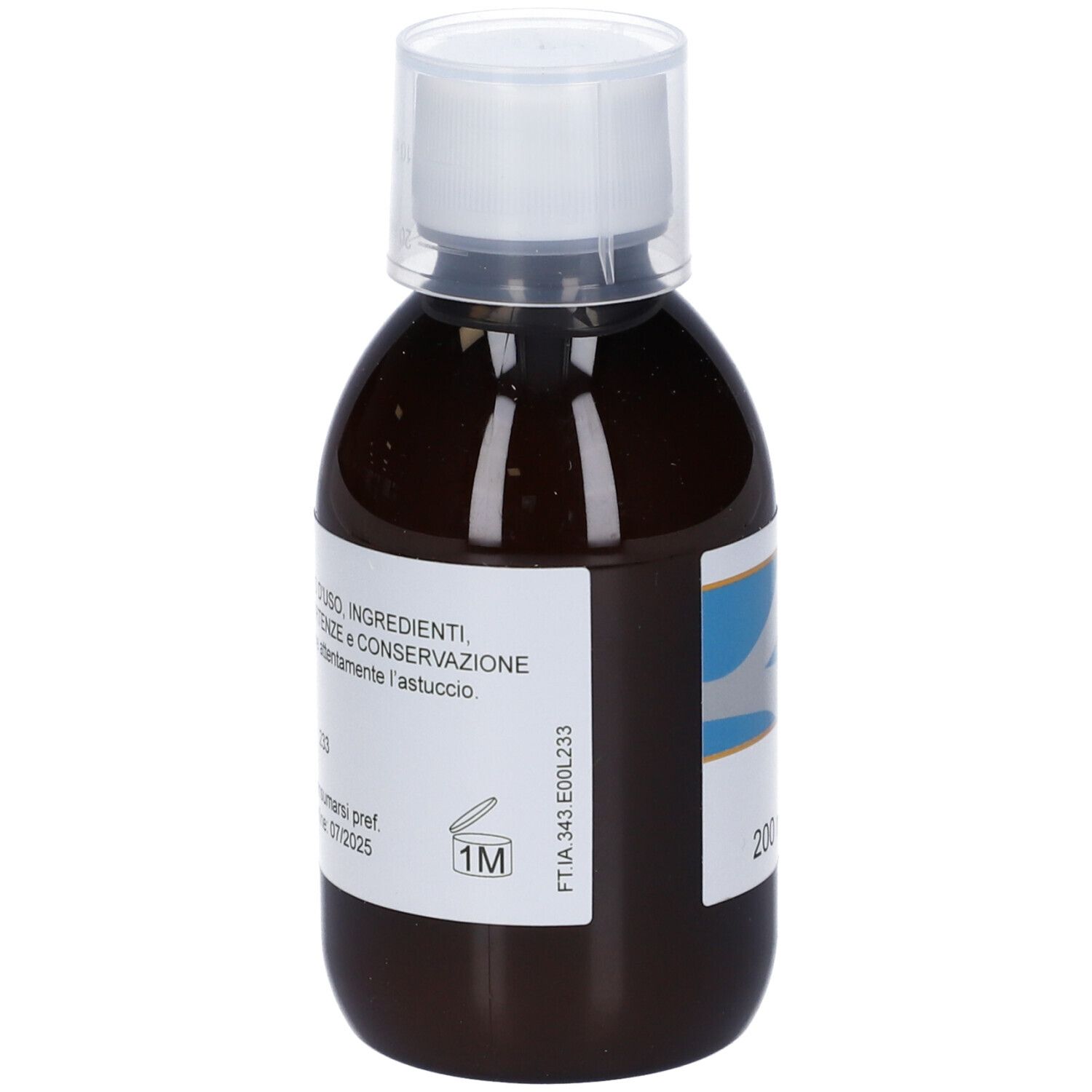Flacone marrone con tappo bianco. Etichetta con informazioni, 200 ml.