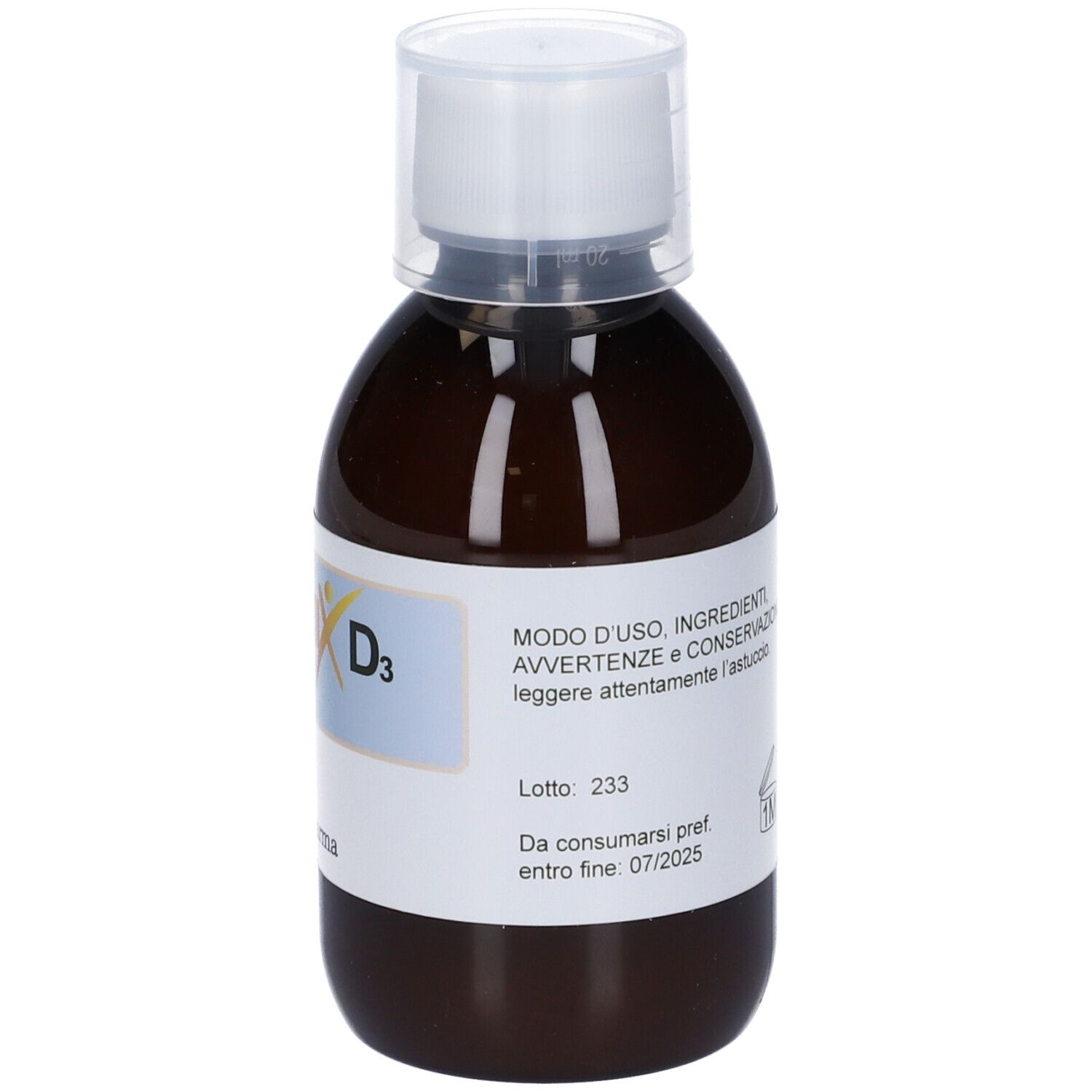Flacone marrone con tappo bianco. Etichetta con informazioni, 200 ml.