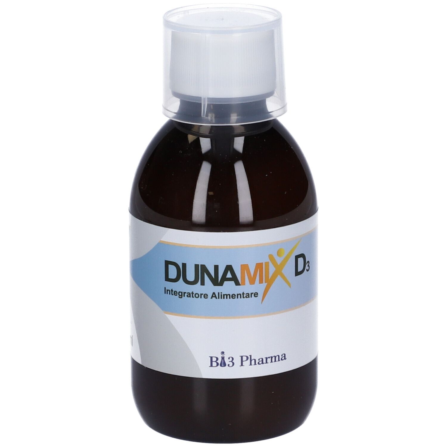 Flacone marrone con tappo bianco. Etichetta DUNAMIX D3, 200 ml e marchio B3 Pharma.