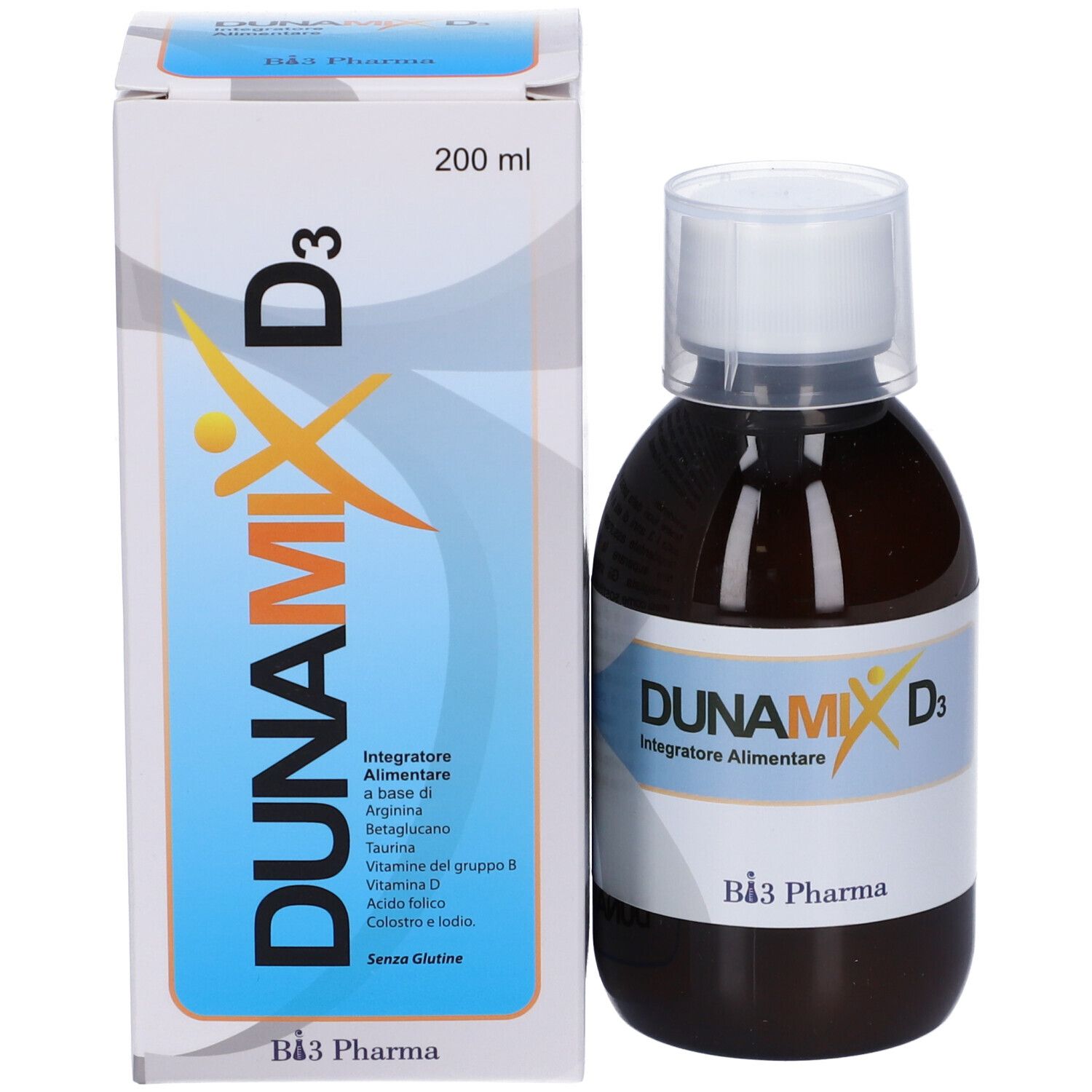 Flacone e scatola. Scatola con DUNAMIX D3, 200 ml. Flacone con etichetta DUNAMIX D3.
