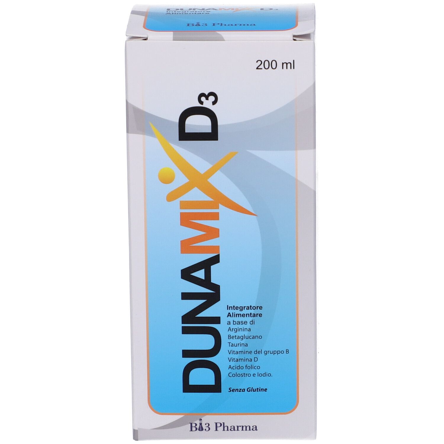 Scatola di DUNAMIX D3, 200 ml. Contiene informazioni sugli ingredienti e il marchio B3 Pharma.