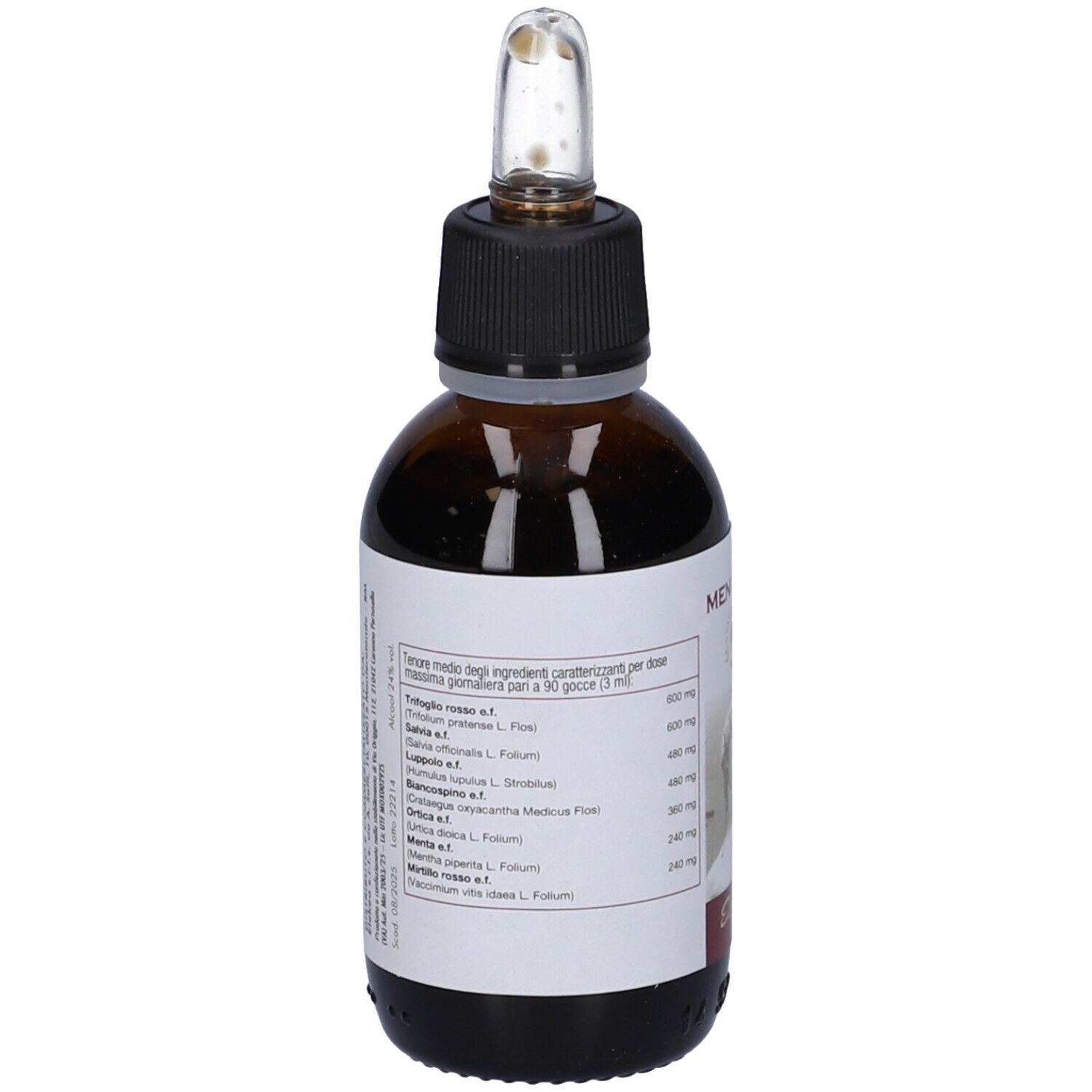 Flacone di vetro marrone con contagocce. Etichetta con ingredienti e testo. Marca: Menodora.