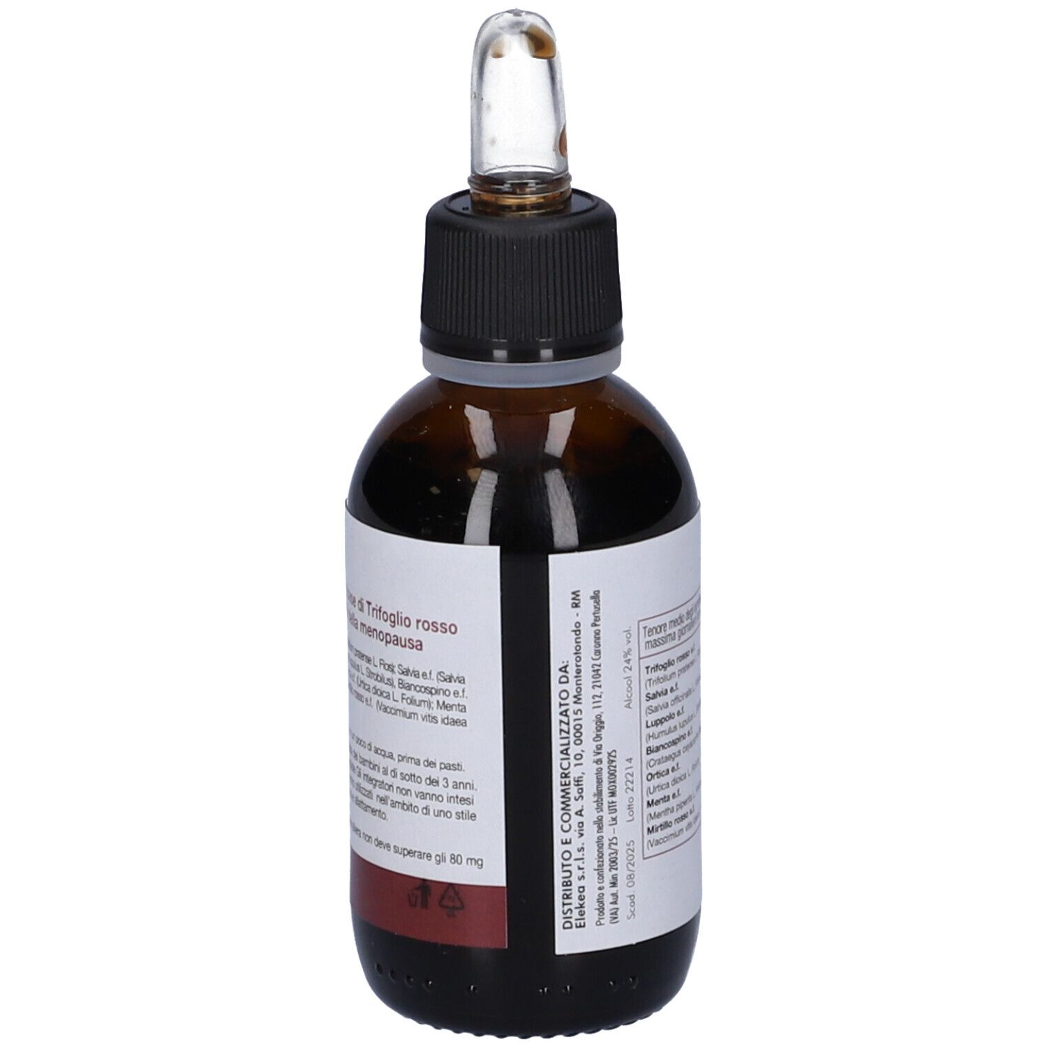 Flacone di vetro marrone con contagocce. Etichetta con testo. Marca: Menodora.