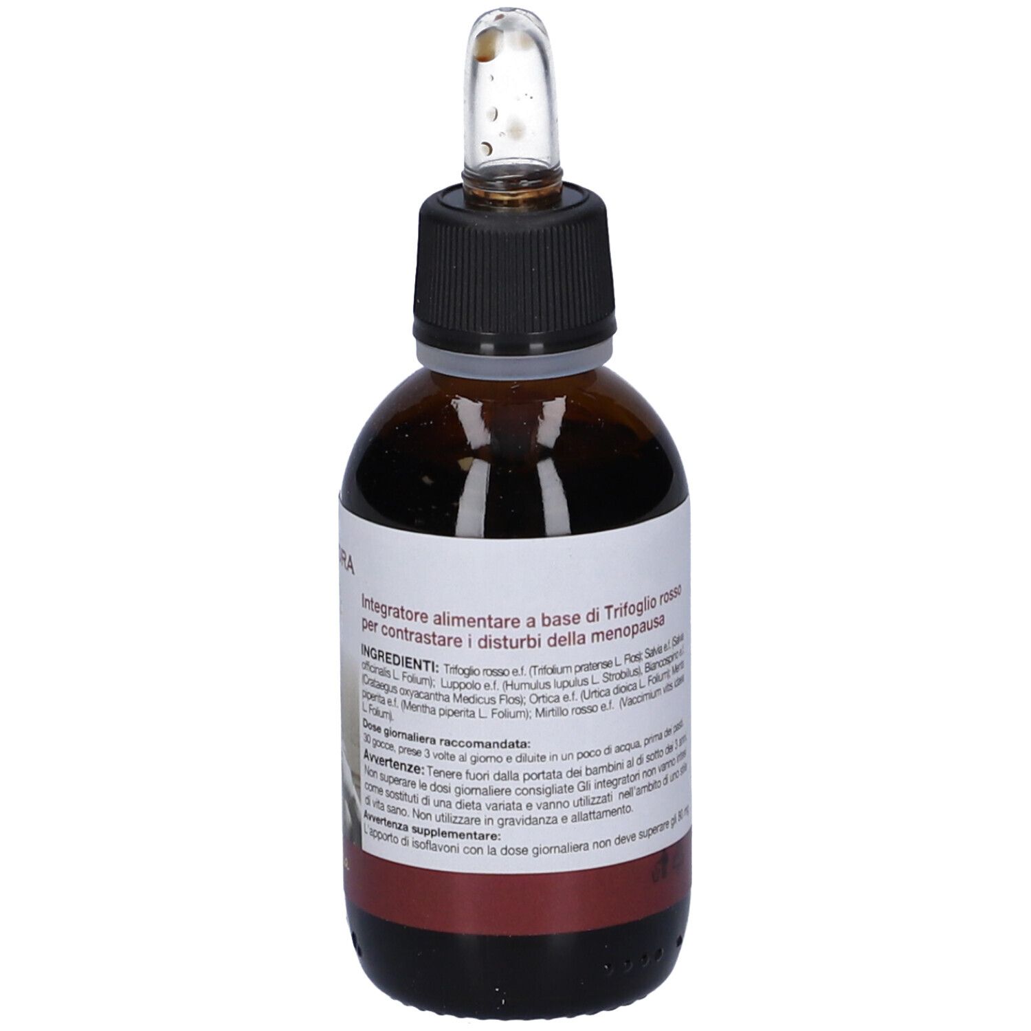 Flacone di vetro marrone con contagocce. Etichetta con testo. Marca: Menodora.