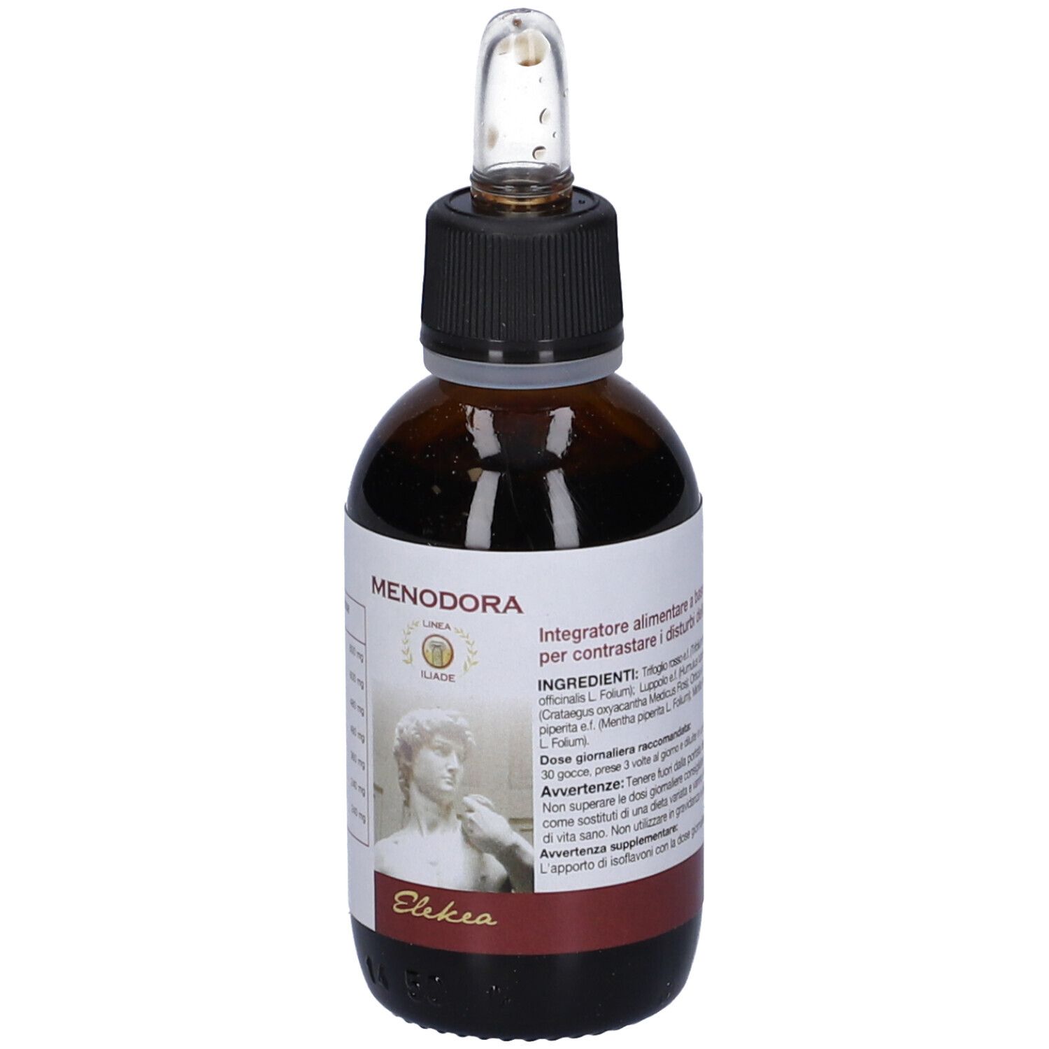 Flacone di vetro marrone con contagocce. Etichetta con nome del prodotto e testo. Marca: Menodora.