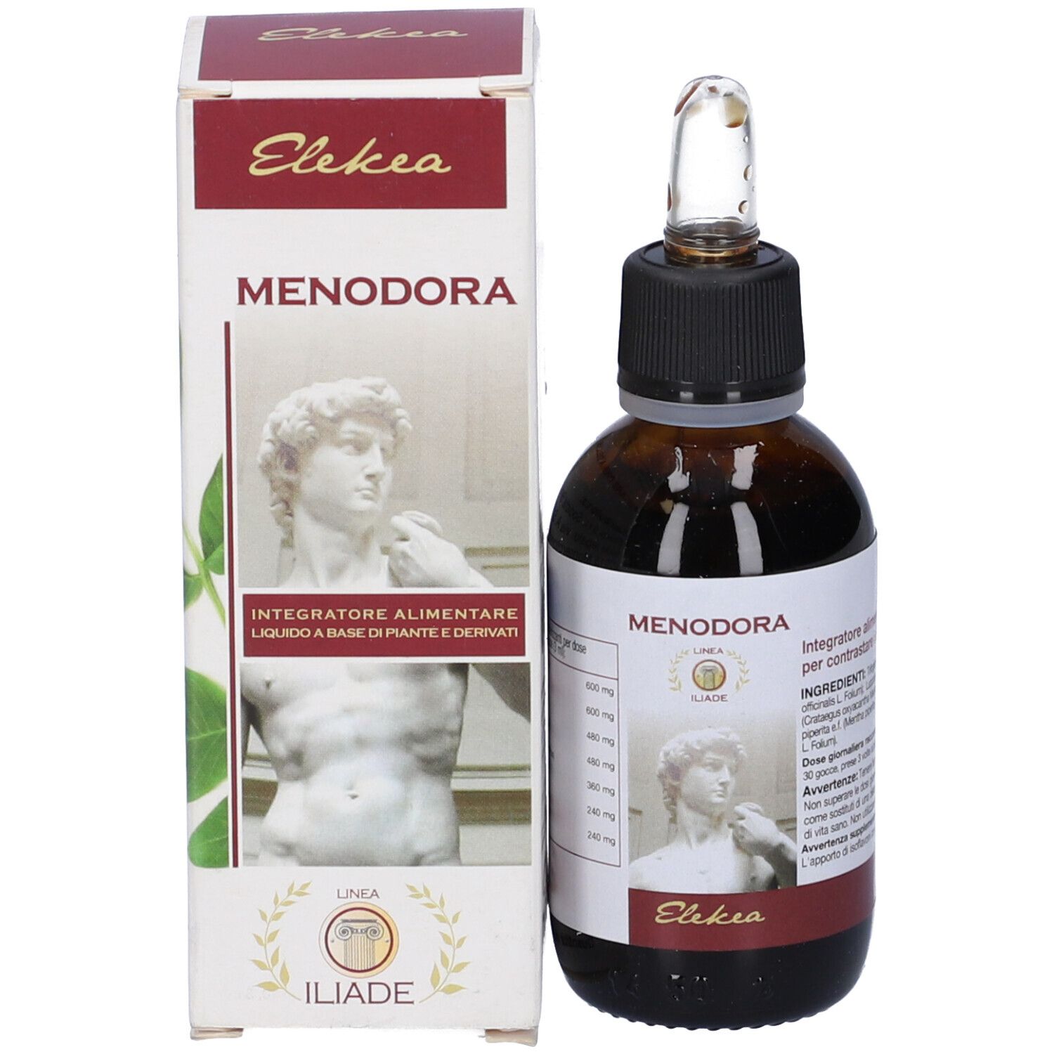 Flacone di vetro marrone con contagocce e confezione. Confezione con nome del prodotto e testo. Marca: Menodora.