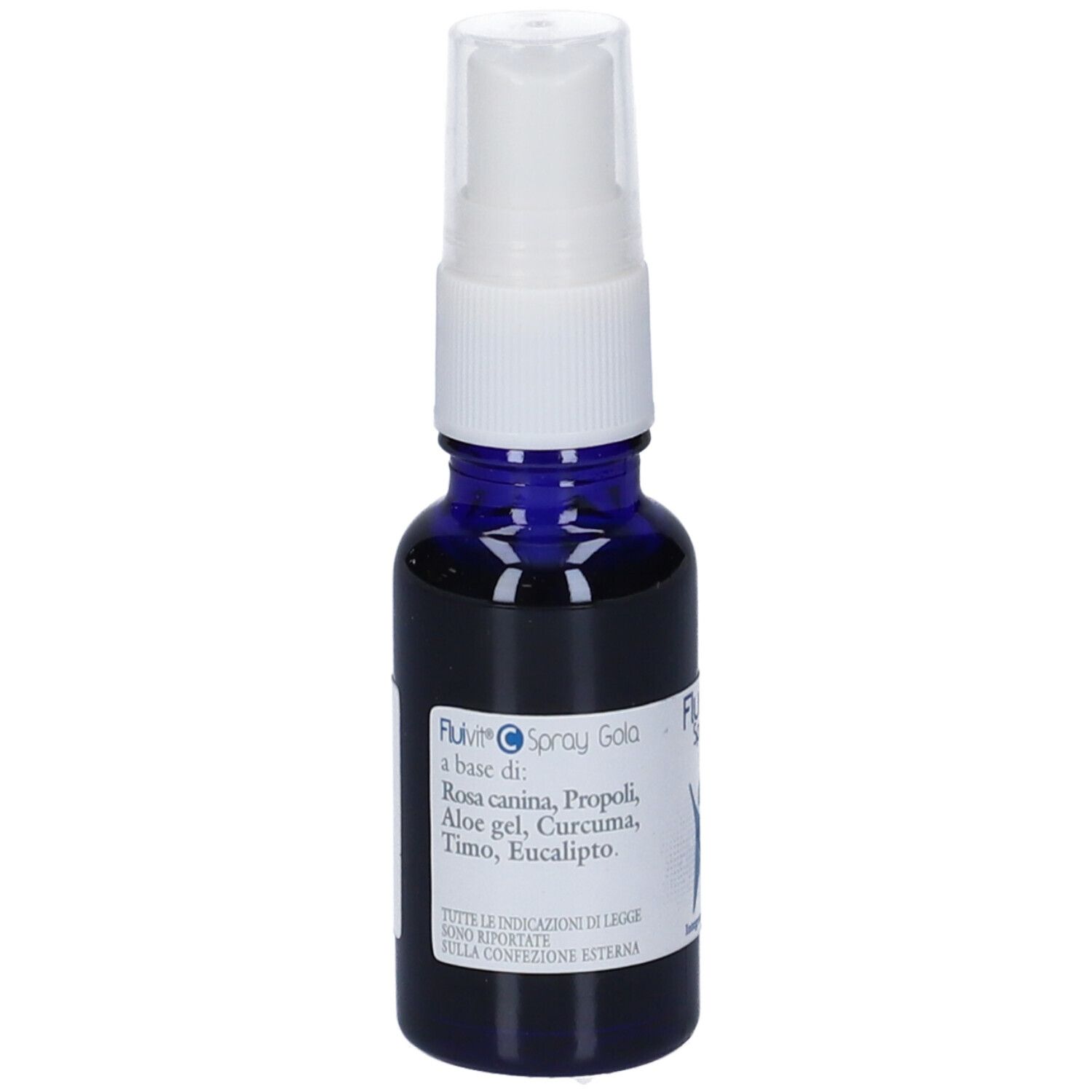 Flacone blu con nebulizzatore bianco. Scritta: Fluivit C Spray Gola. Ingredienti: Rosa canina, Propoli, Aloe gel, Curcuma, Timo, Eucalipto.