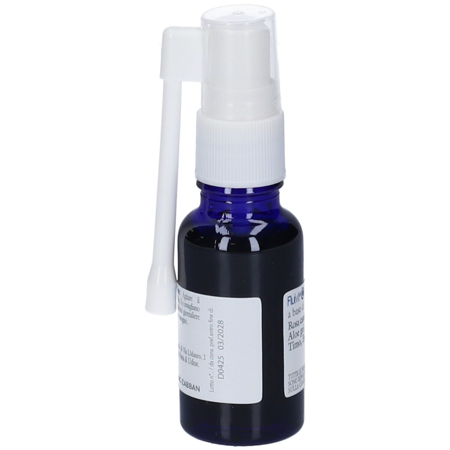 Flacone blu con nebulizzatore e applicatore bianchi. Scritta: Fluivit C Spray Gola. Scadenza: 01/2028. Ingredienti.