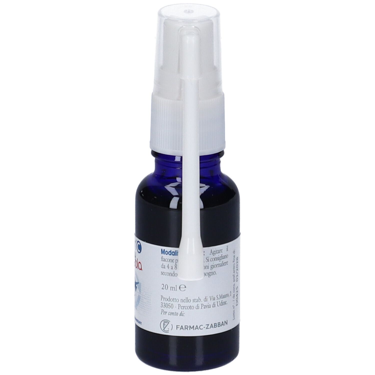 Flacone blu con nebulizzatore e applicatore bianchi. Scritta: Fluivit C Spray Gola. Volume: 20 ml. Informazioni produttore.