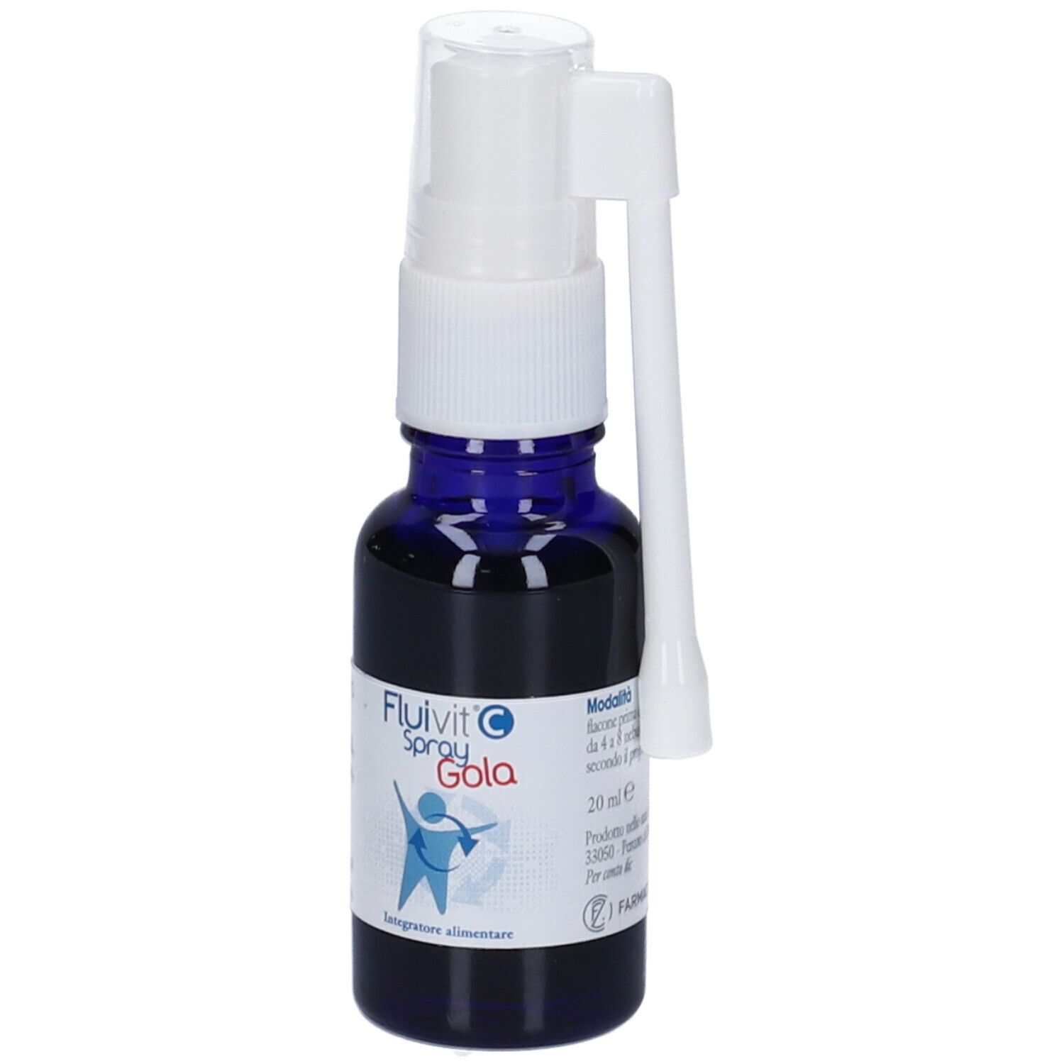 Flacone blu con nebulizzatore e applicatore bianchi. Scritta: Fluivit C Spray Gola. Integratore alimentare. 20 ml.