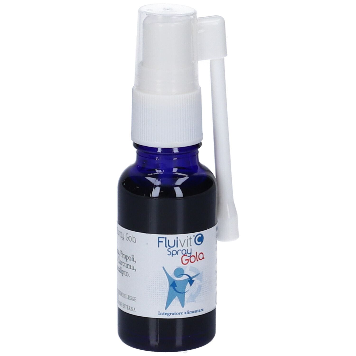 Flacone blu con nebulizzatore e applicatore bianchi. Scritta: Fluivit C Spray Gola. Ingredienti: Rosa canina, Propoli, Aloe gel.