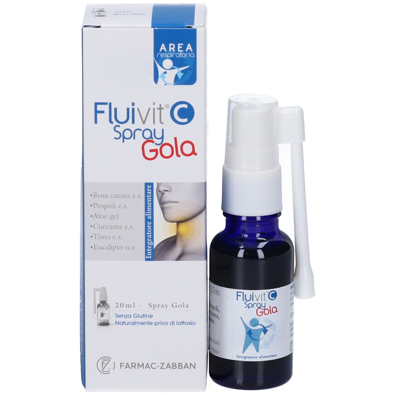 Confezione e flacone. Scritta: Fluivit C Spray Gola. Ingredienti. 20 ml. Senza glutine. Senza lattosio.