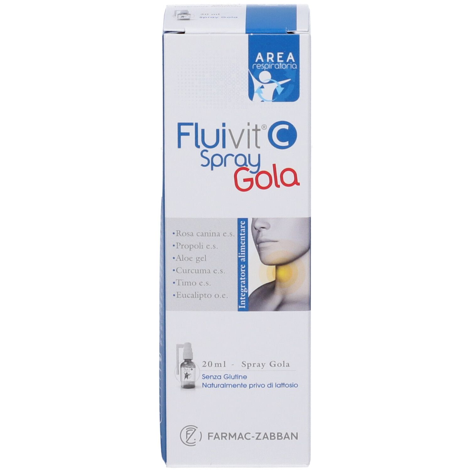 Confezione del prodotto. Scritta: Fluivit C Spray Gola. Ingredienti. 20 ml. Senza glutine. Senza lattosio. Area respiratoria.