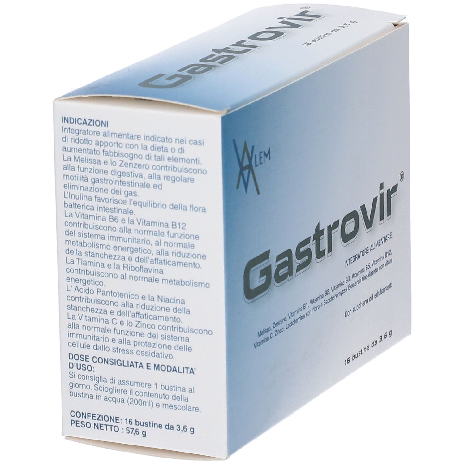 Scatola di Gastrovir, vista laterale. Testo con ingredienti e istruzioni in italiano.