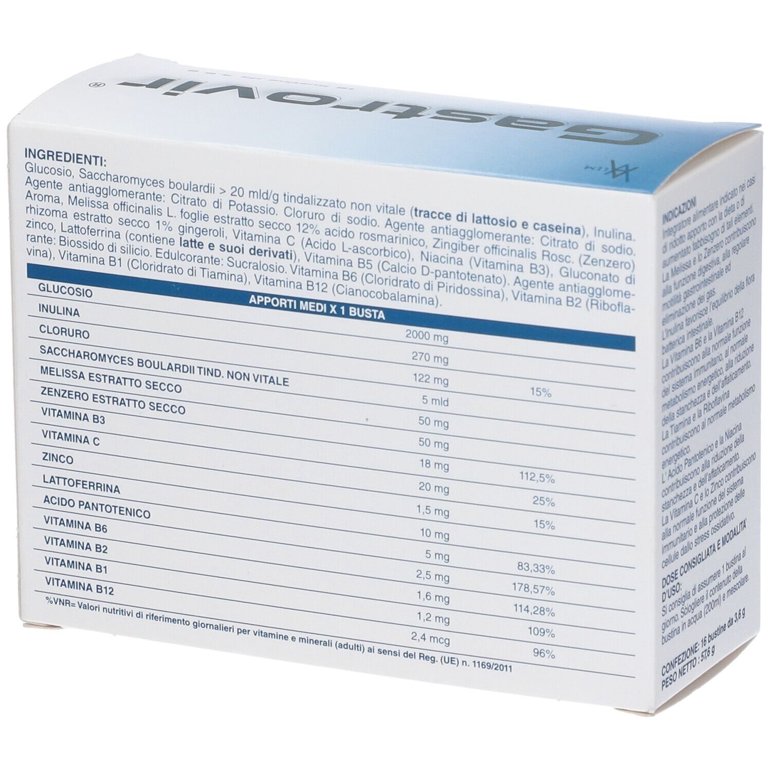 Retro della scatola di Gastrovir. Elenco degli ingredienti e informazioni nutrizionali.