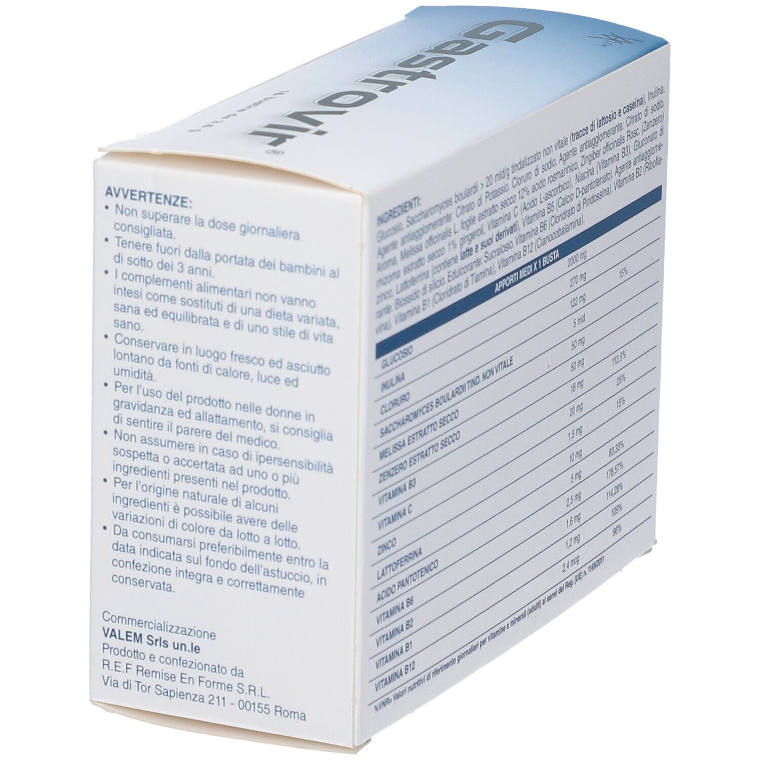 Scatola di Gastrovir, retro. Avvertenze e altre informazioni in italiano.