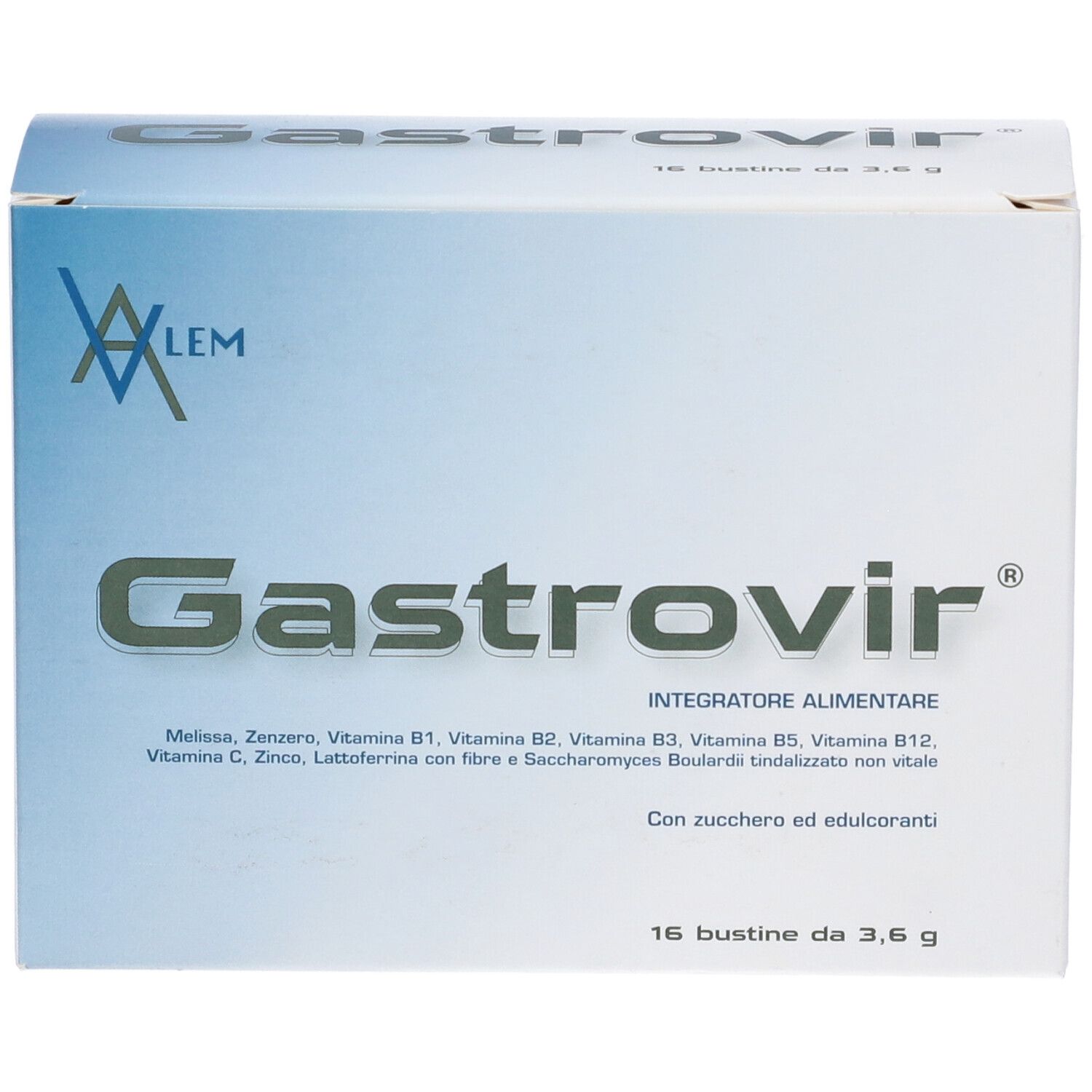 Scatola di Gastrovir, vista frontale. Nome del prodotto e logo su confezione blu e bianca.