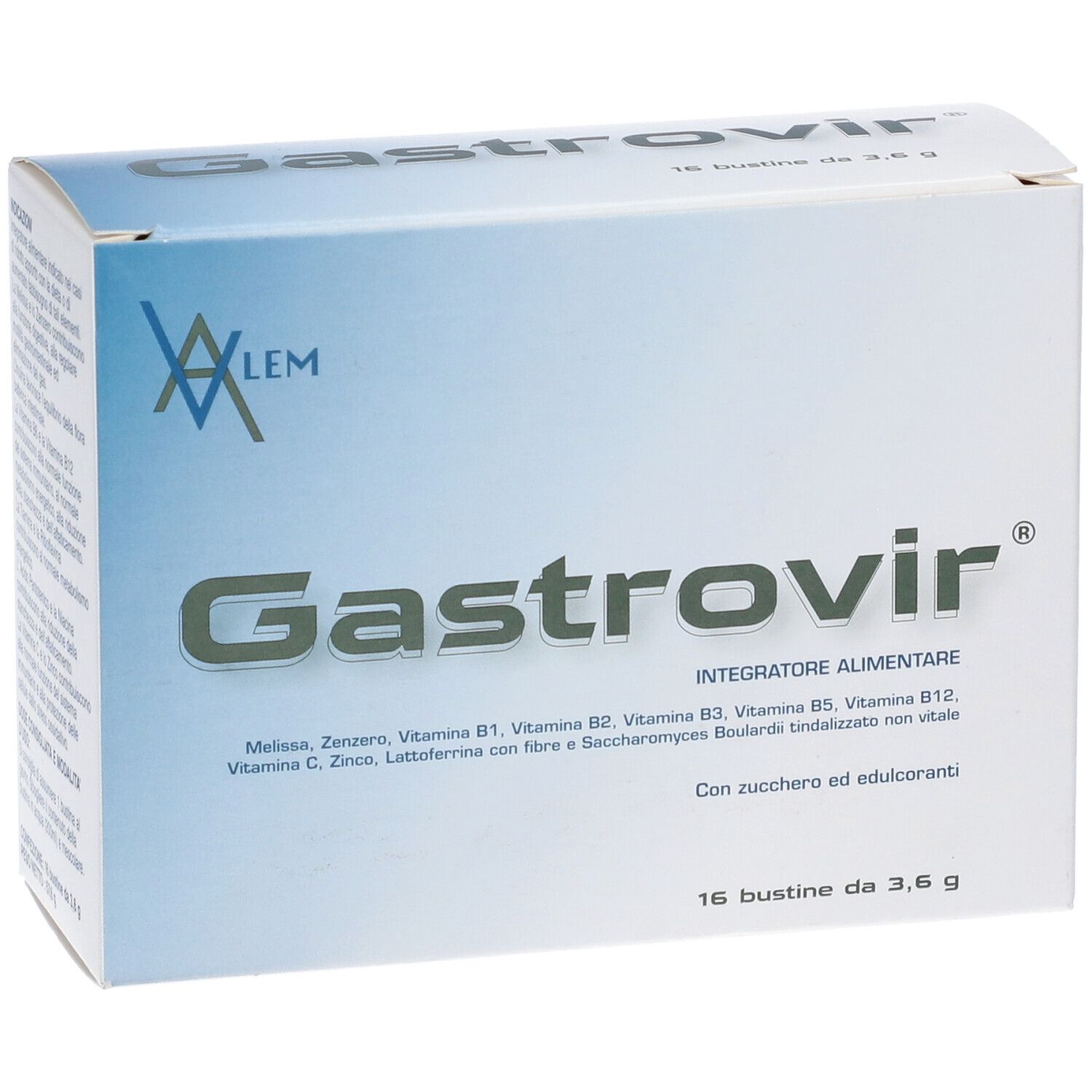 Scatola di Gastrovir, vista frontale. Nome del prodotto e logo su confezione blu e bianca.