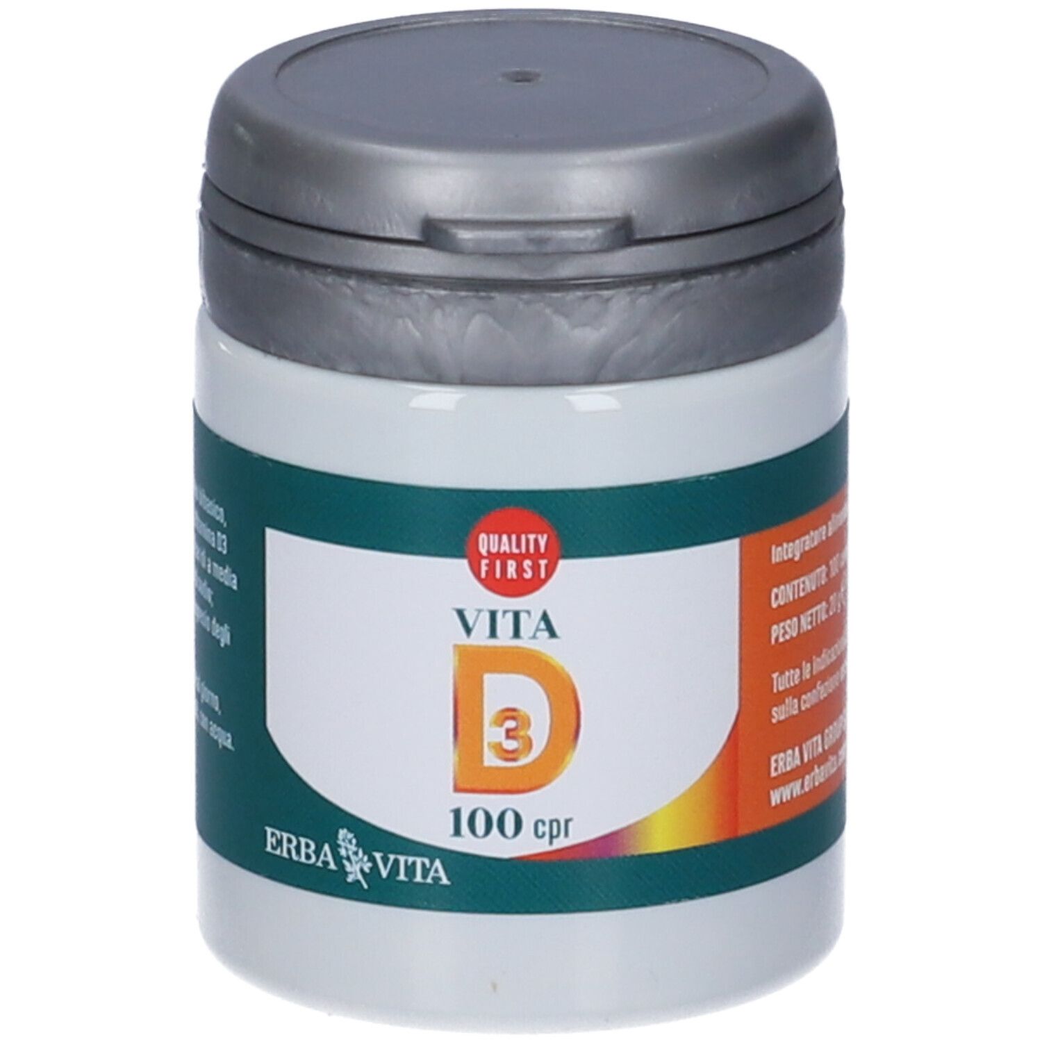 Contenitore bianco di integratore alimentare con coperchio grigio. Scritta: Vita D3, 100 cpr. Marchio: Erba Vita.
