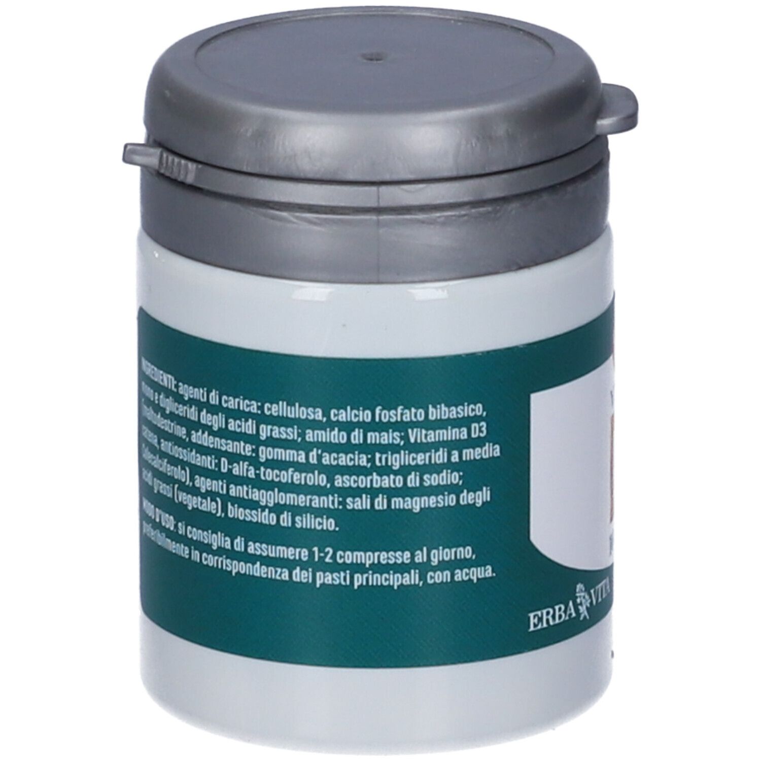 Contenitore bianco con fascia verde. Scritta: Ingredienti. Marchio: Erba Vita. Coperchio grigio.