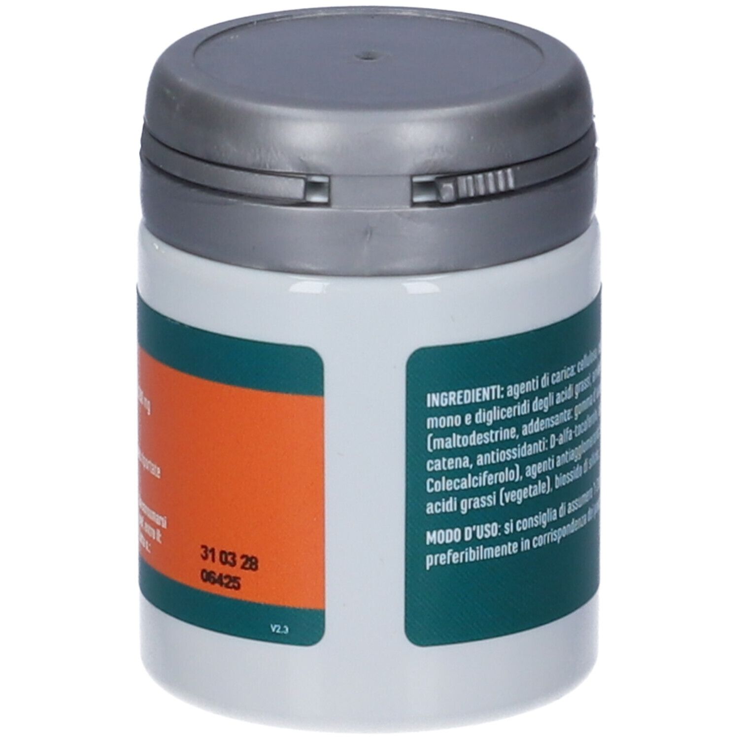 Contenitore bianco con fascia arancione. Scritta: Ingredienti. Coperchio grigio. Marchio: Erba Vita.