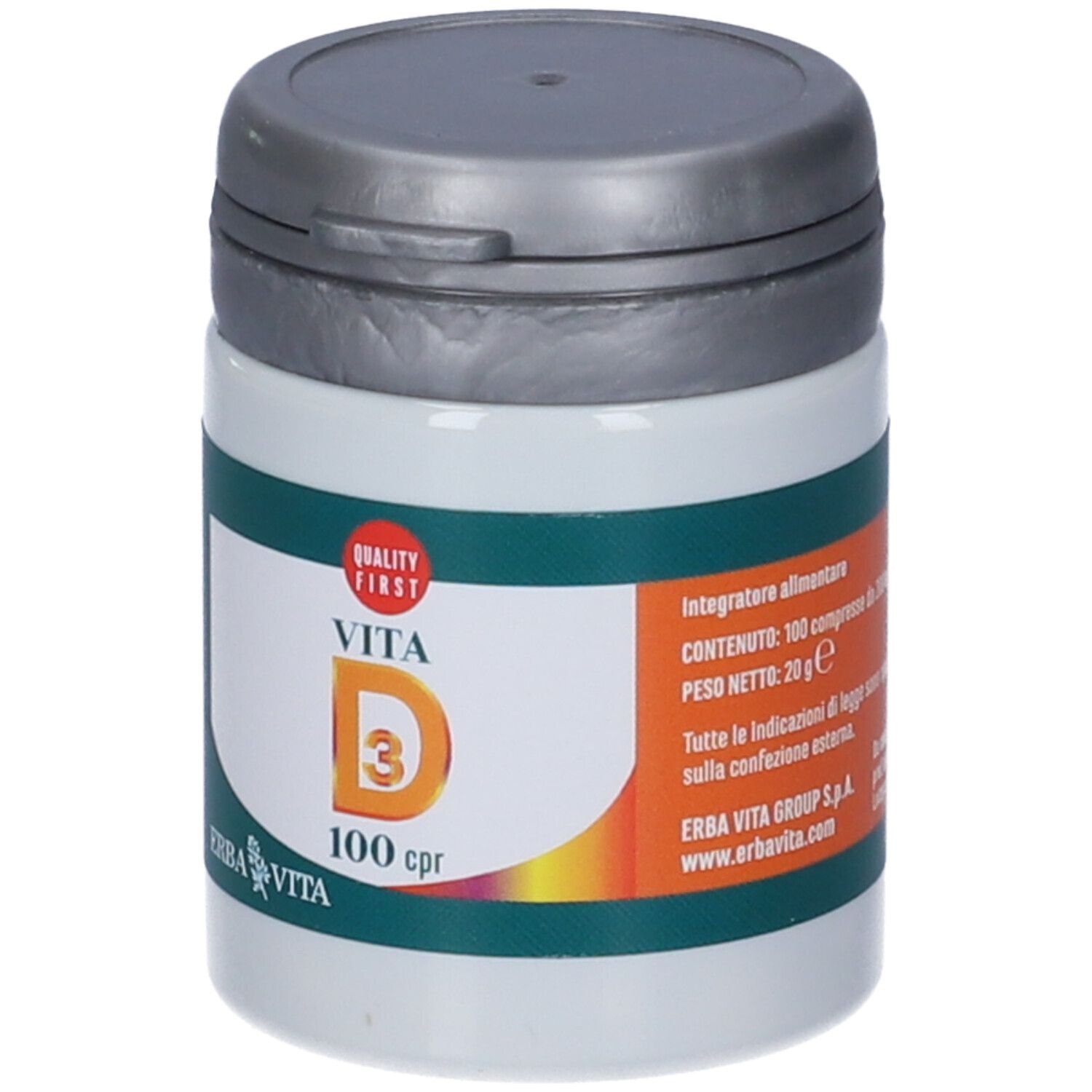 Contenitore bianco con fascia verde. Scritta: Vita D3, 100 cpr. Coperchio grigio. Marchio: Erba Vita.