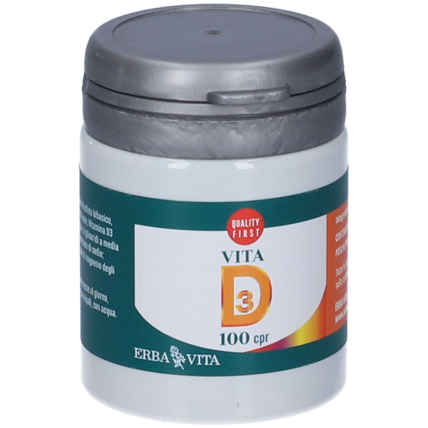 Contenitore bianco con fascia verde. Scritta: Vita D3, 100 cpr. Coperchio grigio. Marchio: Erba Vita.