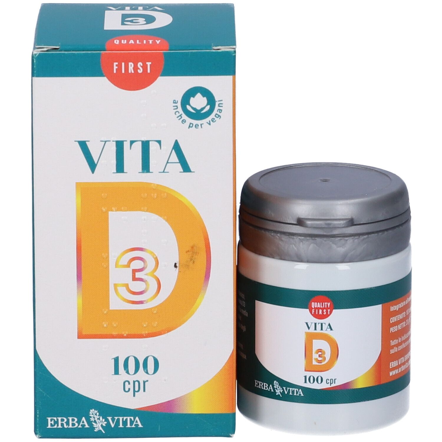 Confezione e contenitore del prodotto. Scritta: Vita D3, 100 cpr. Marchio: Erba Vita. Confezione verde e bianca.