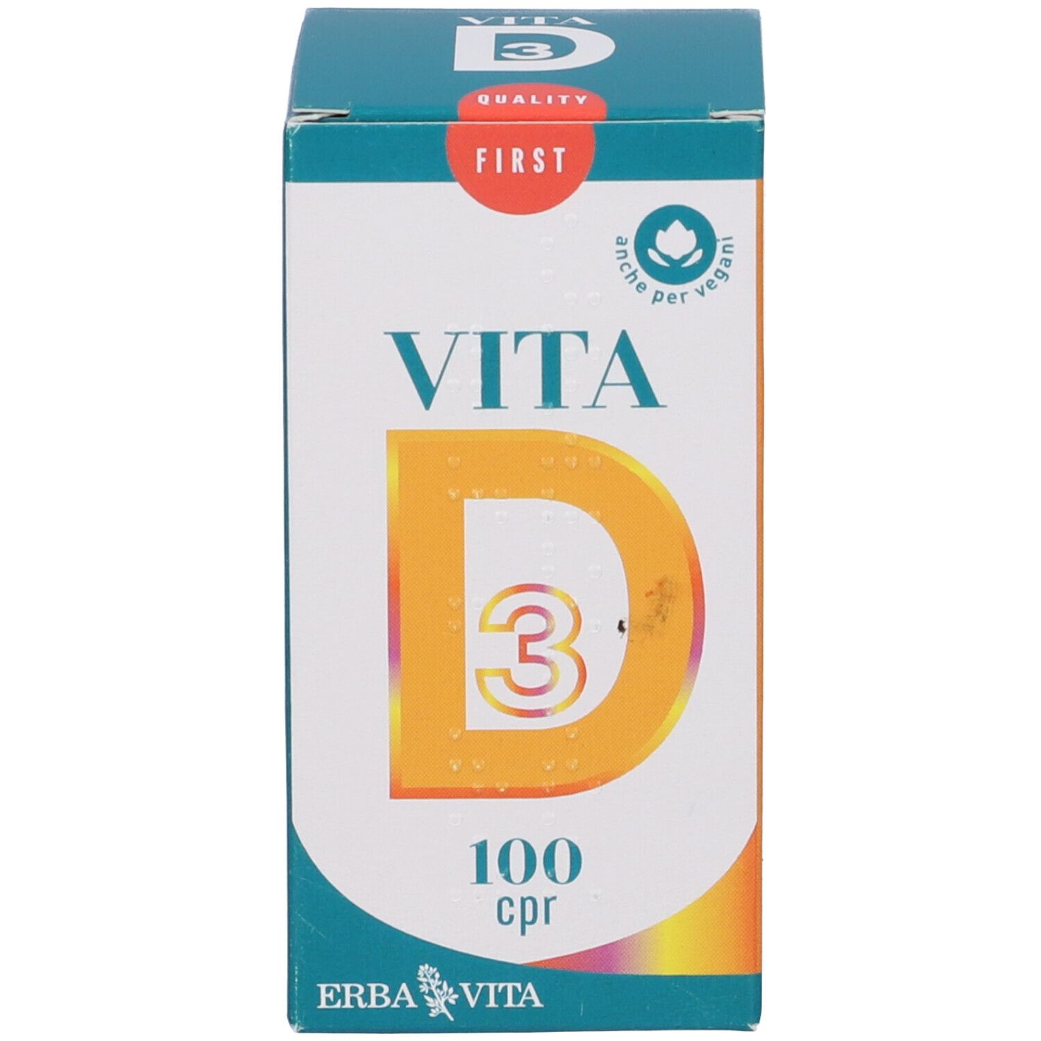 Confezione del prodotto. Scritta: Vita D3, 100 cpr. Marchio: Erba Vita. Confezione verde e bianca.
