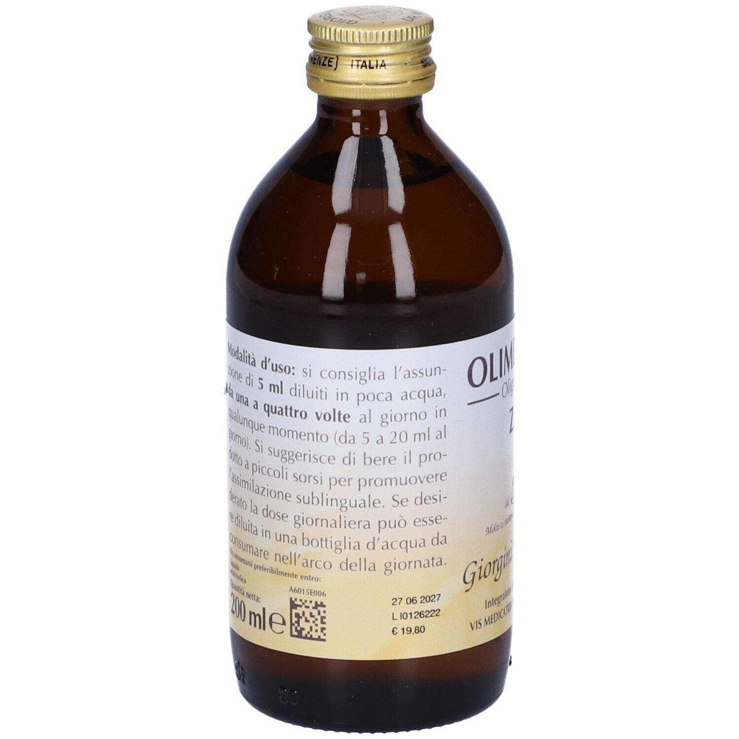 Flacone di vetro marrone con tappo dorato. Etichetta con istruzioni per l'uso e informazioni del produttore.