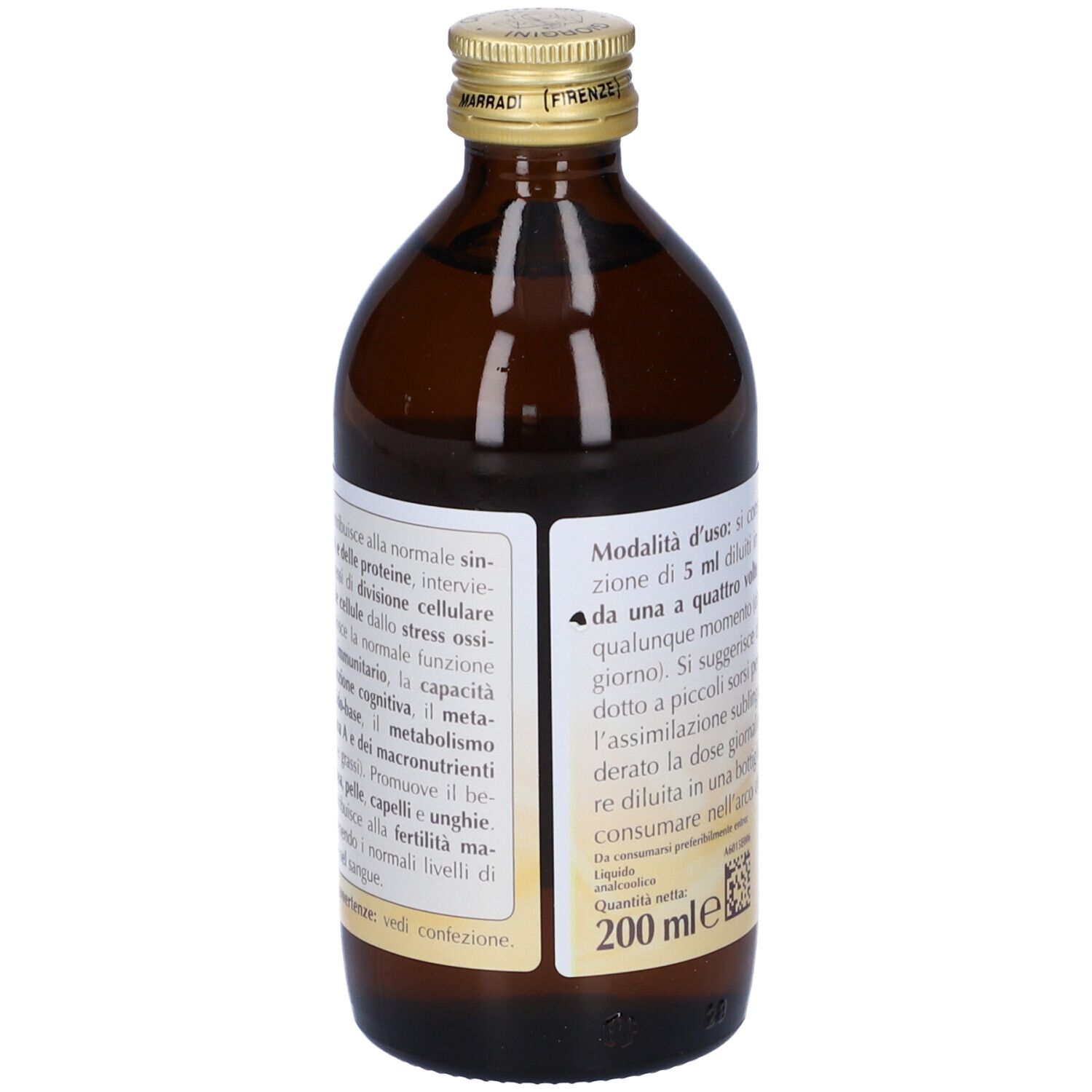 Flacone di vetro marrone con tappo dorato. Etichetta con informazioni sul prodotto e produttore.