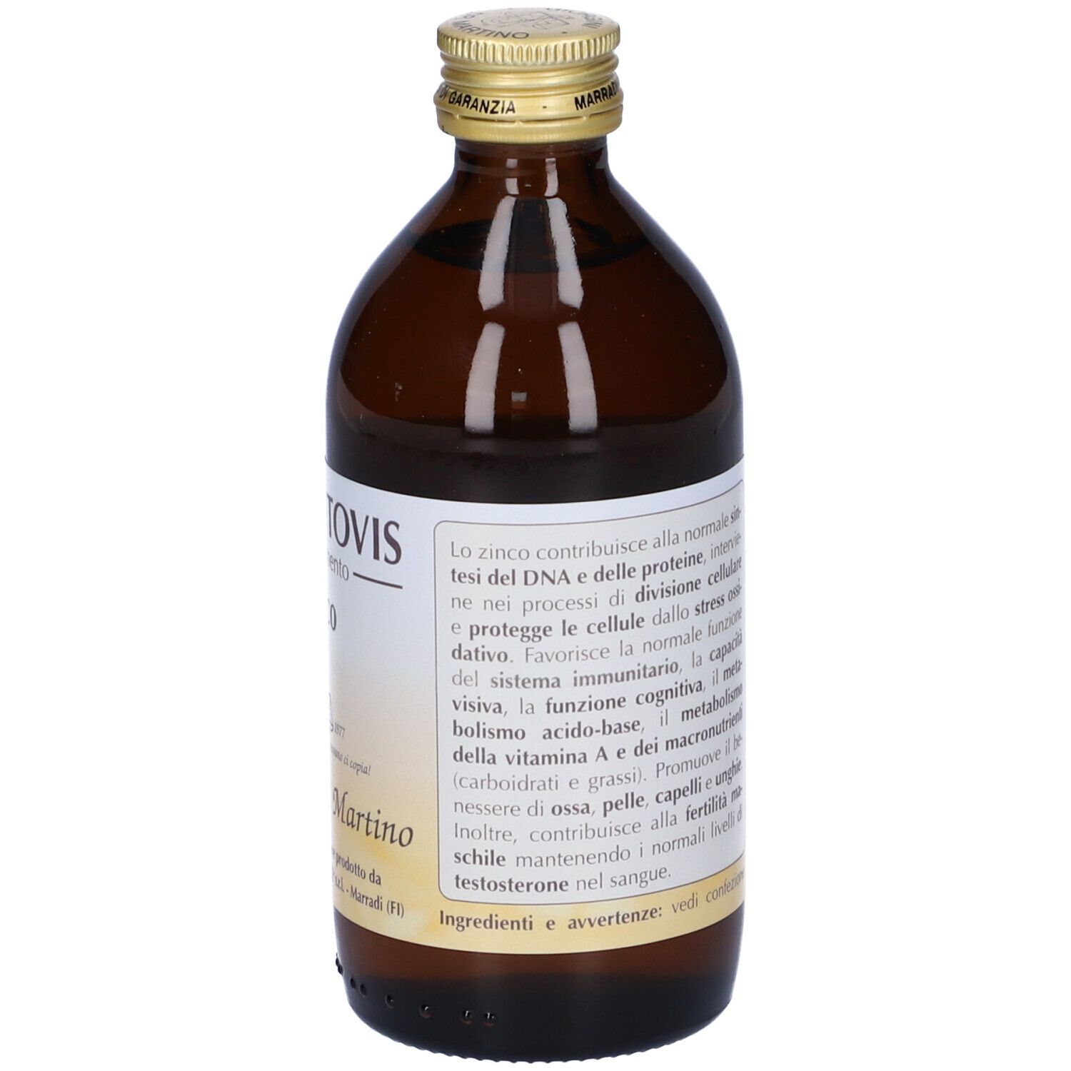 Flacone di vetro marrone con tappo dorato. Etichetta con informazioni sul prodotto e produttore.