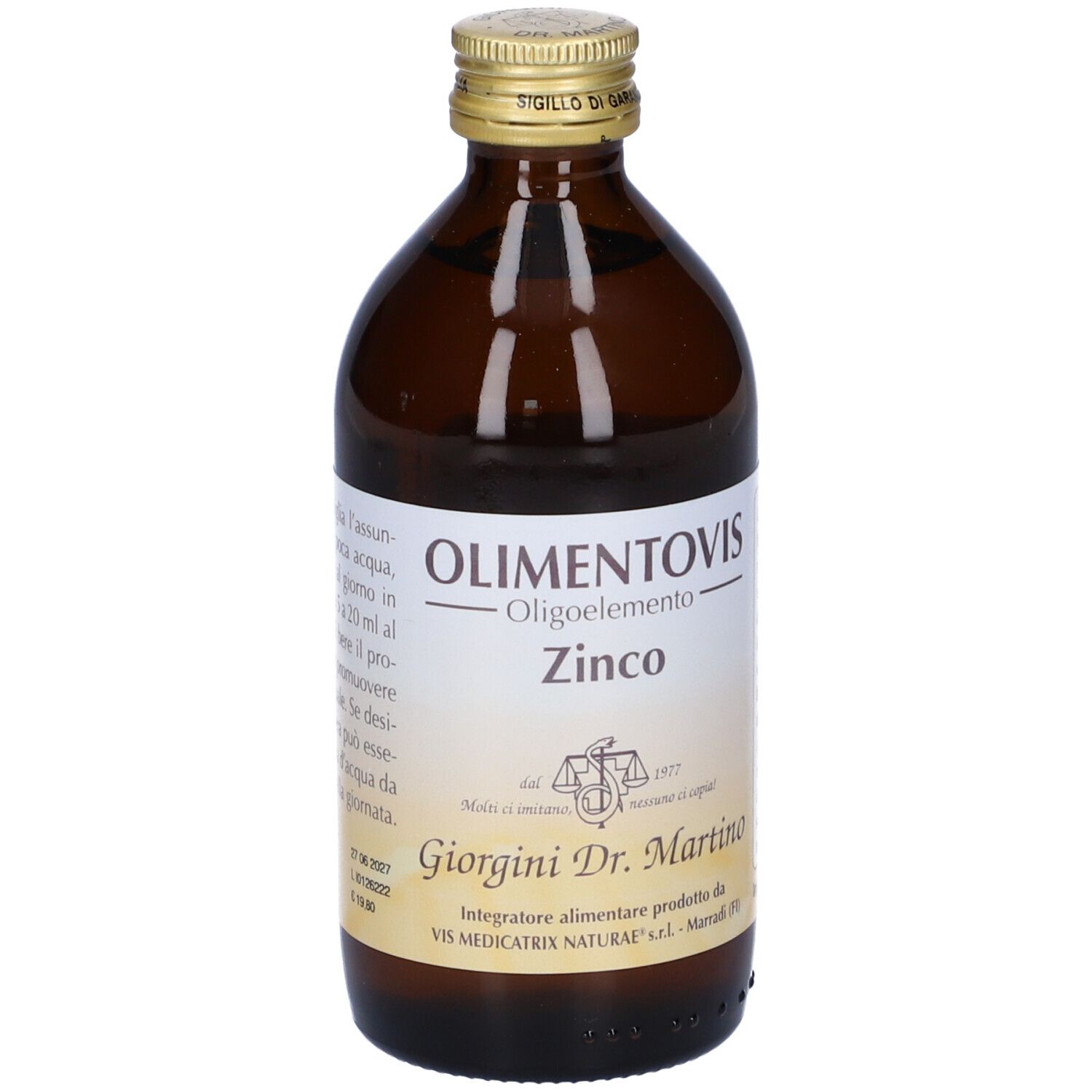 Flacone di vetro marrone con tappo dorato. Etichetta con istruzioni per l'uso e informazioni del produttore.