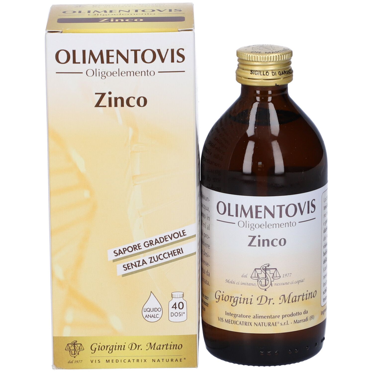 Flacone e confezione del prodotto. Flacone marrone, tappo dorato, confezione bianca con nome del prodotto.