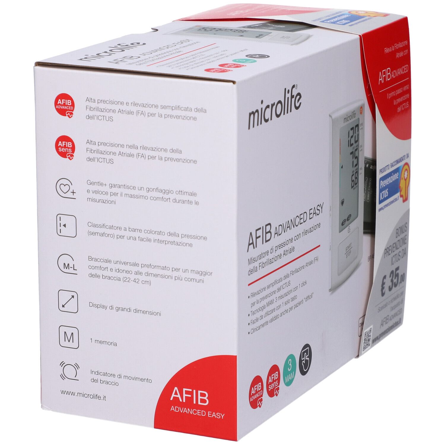 Vista laterale della confezione del misuratore di pressione Microlife AFIB ADVANCED EASY con le caratteristiche del prodotto.