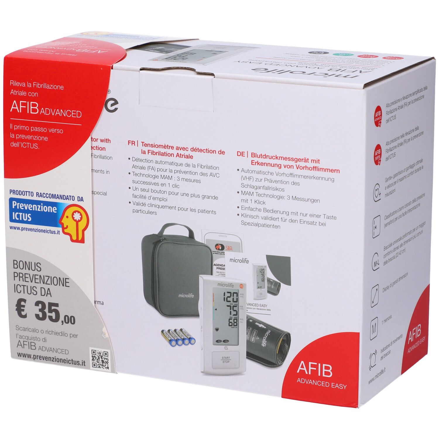 Retro della confezione del misuratore di pressione Microlife AFIB ADVANCED EASY con illustrazione del dispositivo e accessori.