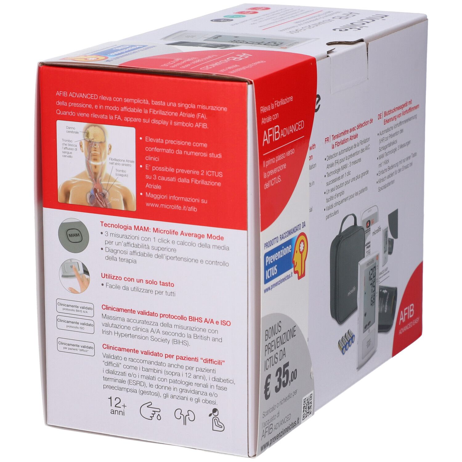 Vista laterale della confezione del misuratore di pressione Microlife AFIB ADVANCED EASY con illustrazione medica.